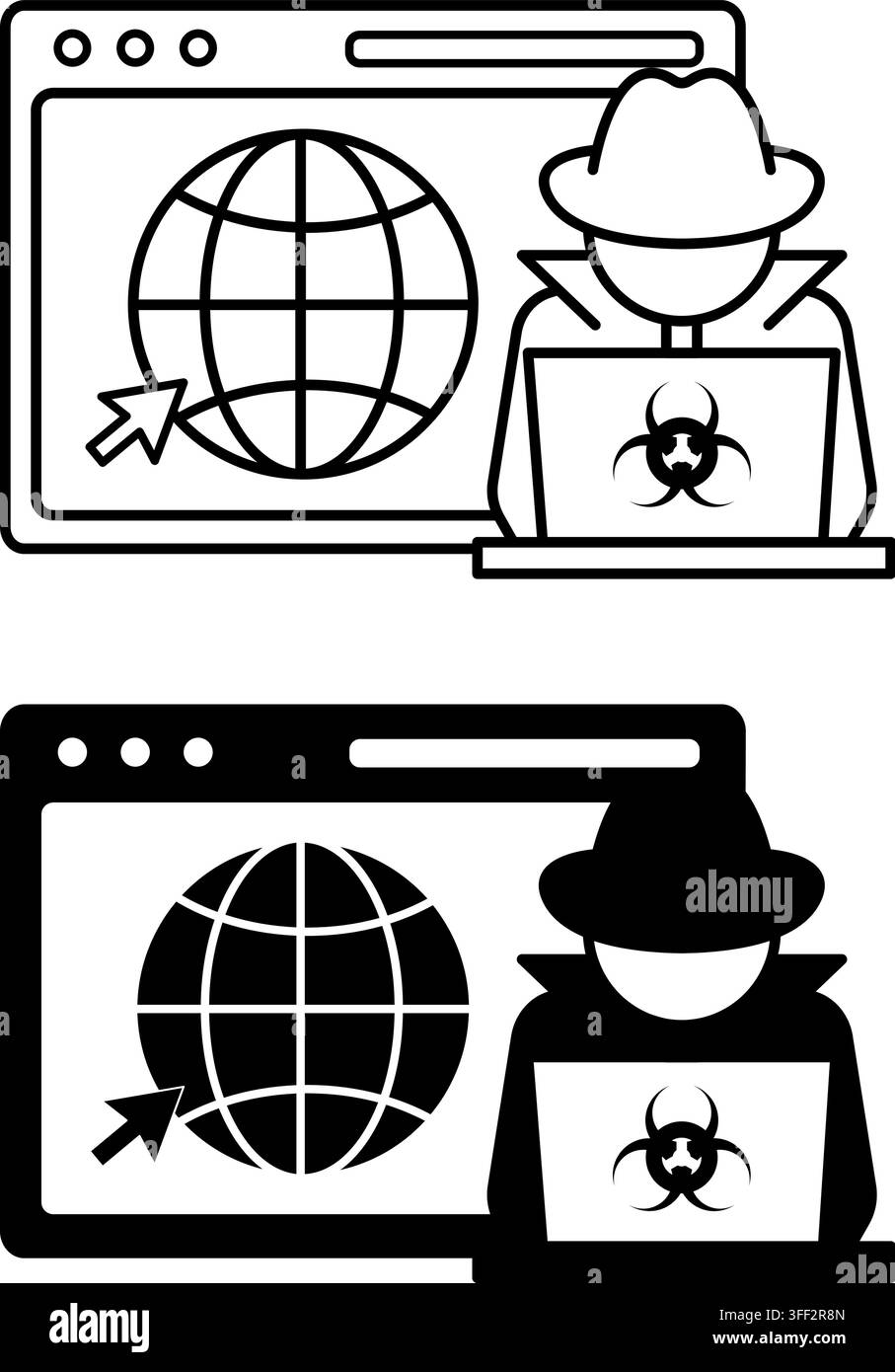 Icone globali di hacker informatici. Illustrazioni vettoriali a linee e glifi. Uomo sospetto con cappello, laptop con segnale di pericolo e globo. Forense digitale e C Illustrazione Vettoriale