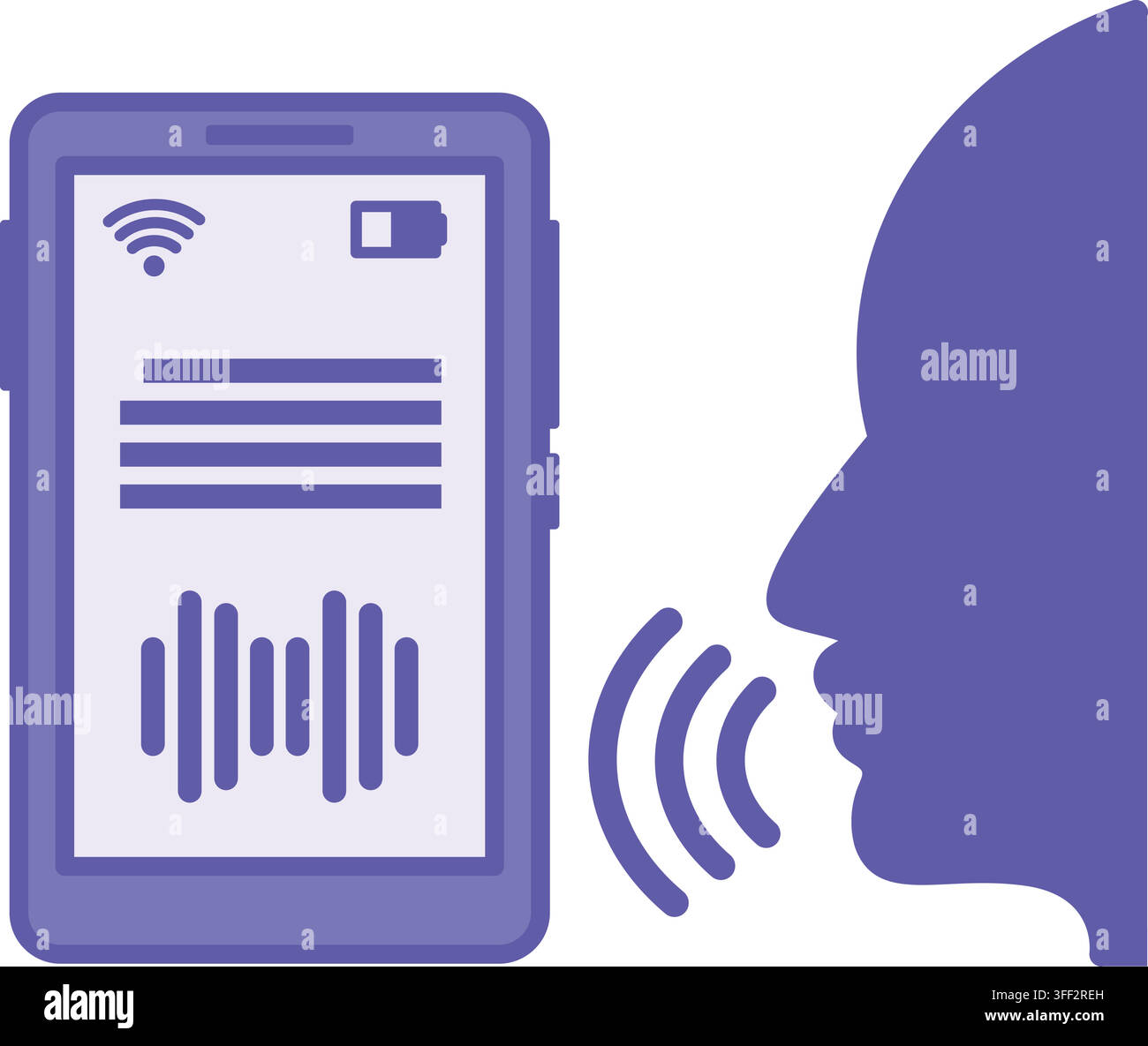 Icona della onda di riconoscimento vocale viola. Illustrazione vettoriale. Persona che parla al telefono. L'onda sonora si trasforma in testo. Forense digitale e detective cyber Illustrazione Vettoriale