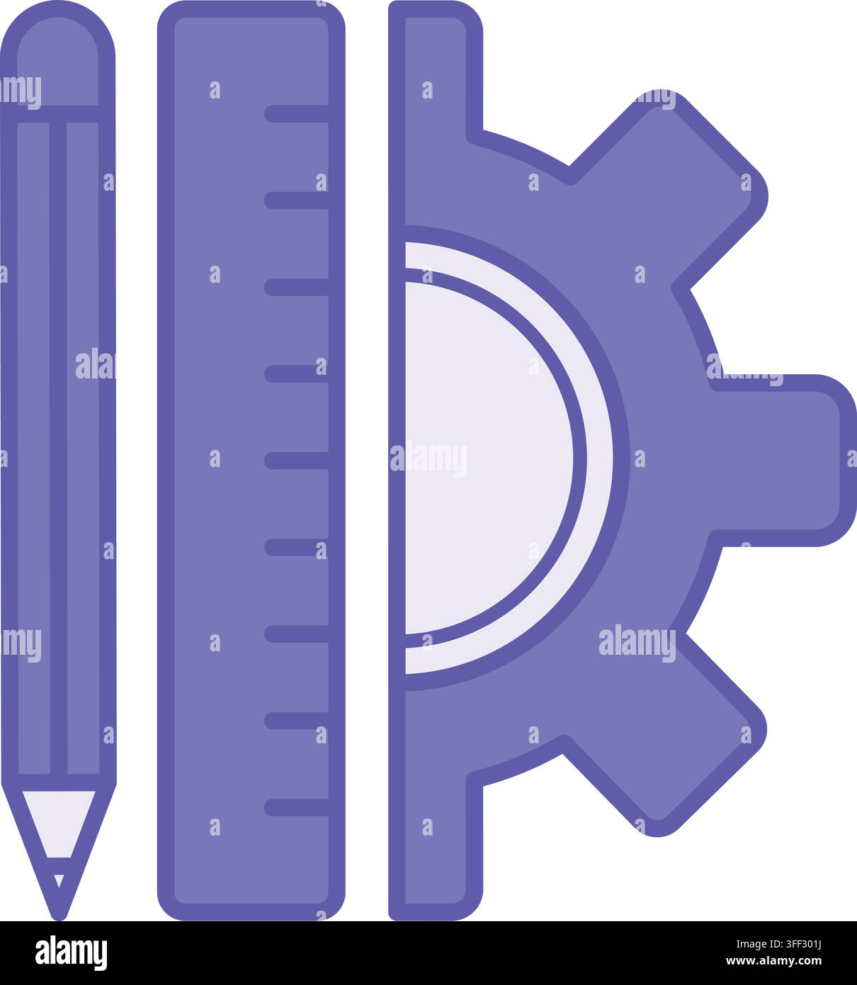 Icona di strumenti colorati. Illustrazione vettoriale. Matita, righello e ingranaggio. Strumenti per la creazione di disegni infrastrutturali. Industria, costruzione. Concetto ingegneria Illustrazione Vettoriale
