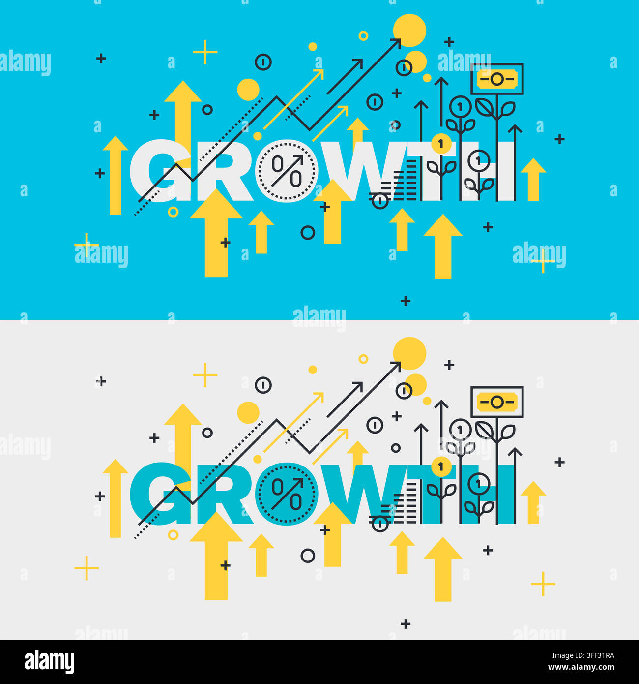 Set di illustrazioni vettoriali di banner di crescita con frecce finanziarie verso l'alto, grafici di successo aziendale, alberi di denaro e concetti di progresso economico. Illustrazione Vettoriale