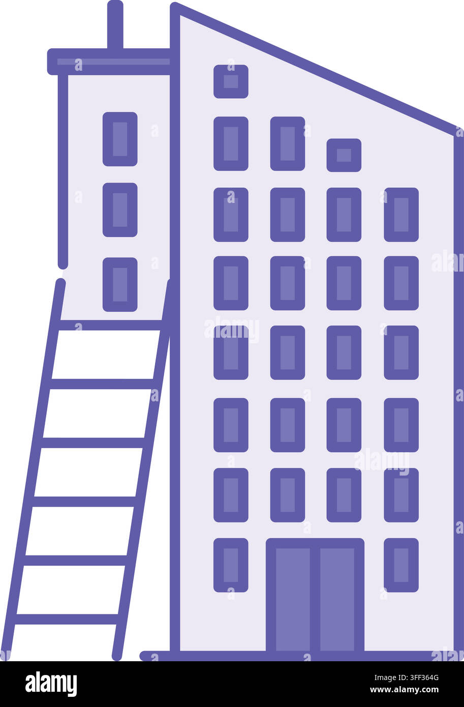Icona di scala colorata. Illustrazione vettoriale. Edificio a più piani e scala. Salvataggio, situazione di emergenza. Concetto di vigile del fuoco Illustrazione Vettoriale