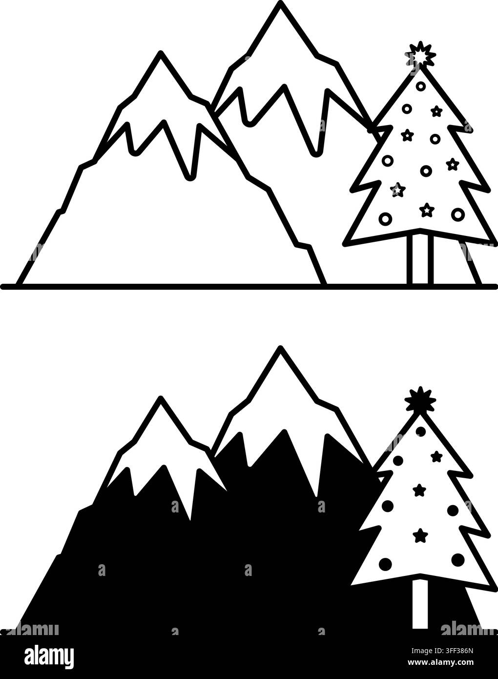 Icone Montagne. Icone vettoriali in bianco e nero. Montagne e albero di Natale. Concetto di vacanza e campeggio Illustrazione Vettoriale