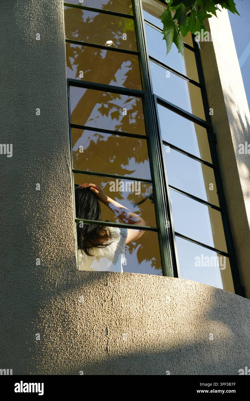 Riflesso di rami di alberi su una finestra alta in vetro con la silhouette di una donna visibile all'interno dell'edificio. Foto Stock