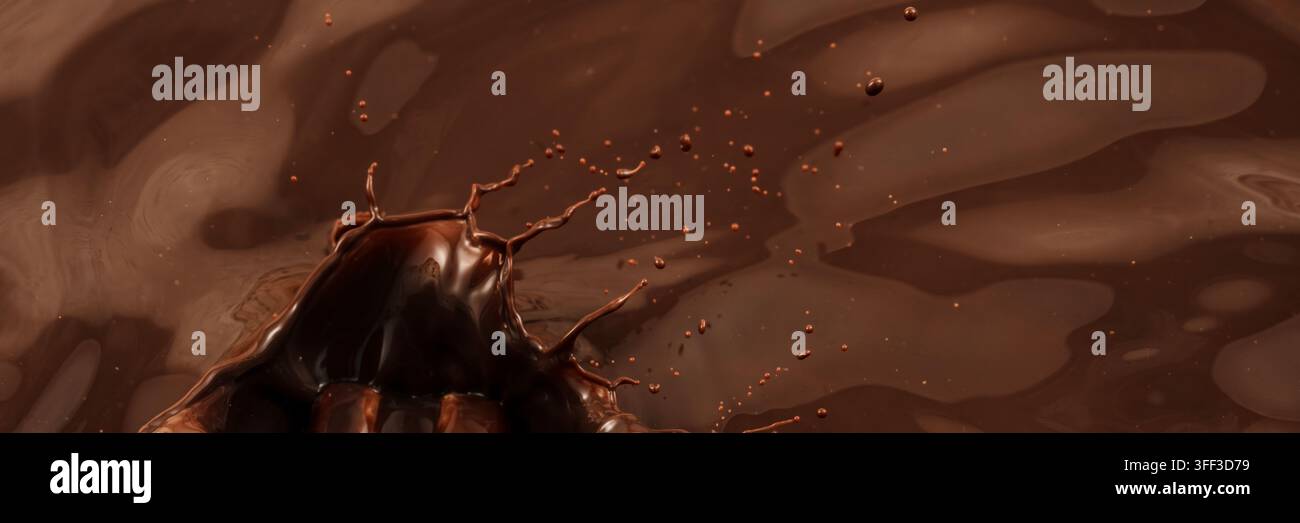 Splash dinamico di cioccolato fuso con pezzi e gocce di cioccolato volanti su uno sfondo scuro. Banner largo per dessert con spazio per la descrizione di dolciumi Foto Stock