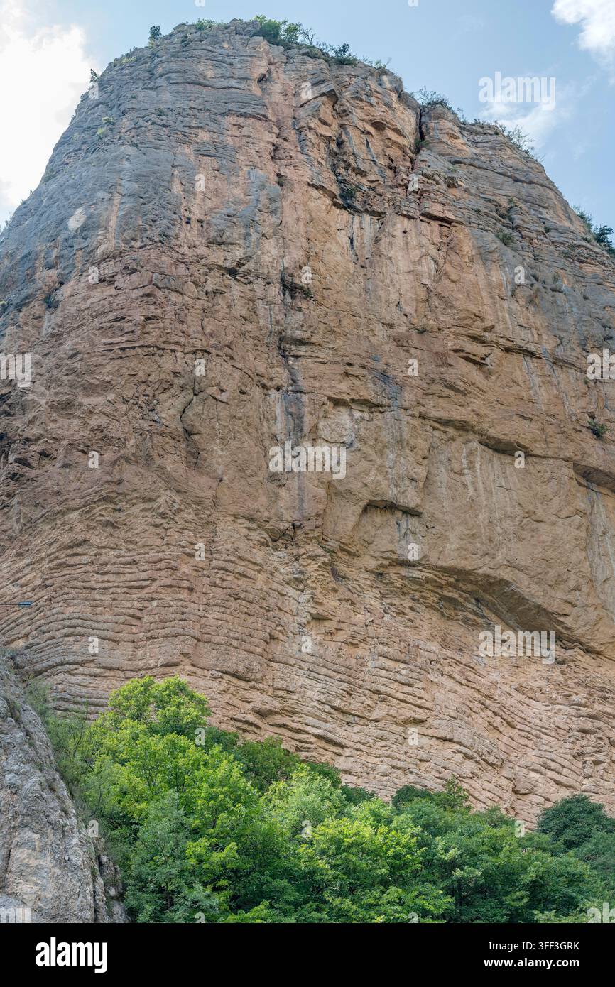 Paesaggio con scogliera verticale in calcare stratificato nella valle del Le Bes a ovest della gola di Verdaches Clue, scattato in luce estiva brillante vicino a Barles, Pr Foto Stock