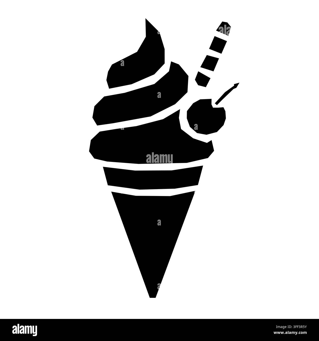 Illustrazione minimalista in bianco e nero di gelato molle in una cono, che rappresenta dessert ghiacciati, prelibatezze estive, dolci, snack e gelato Foto Stock
