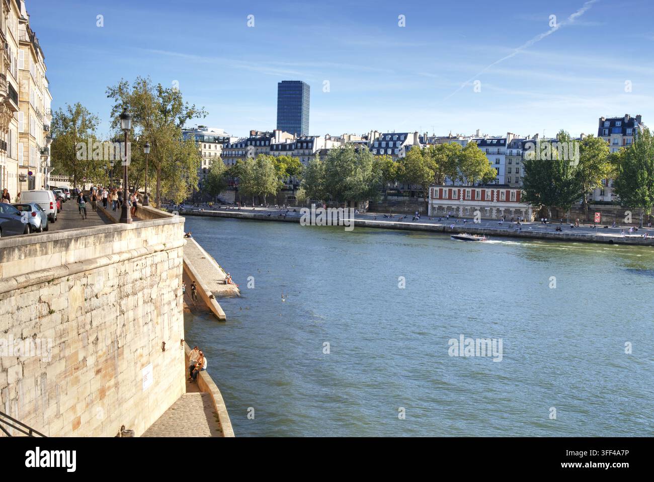 Seine a Parigi, Francia, con argini storici in pietra, moli frondosi, architettura haussmanniana in lontananza e la Tour Montparnasse Foto Stock