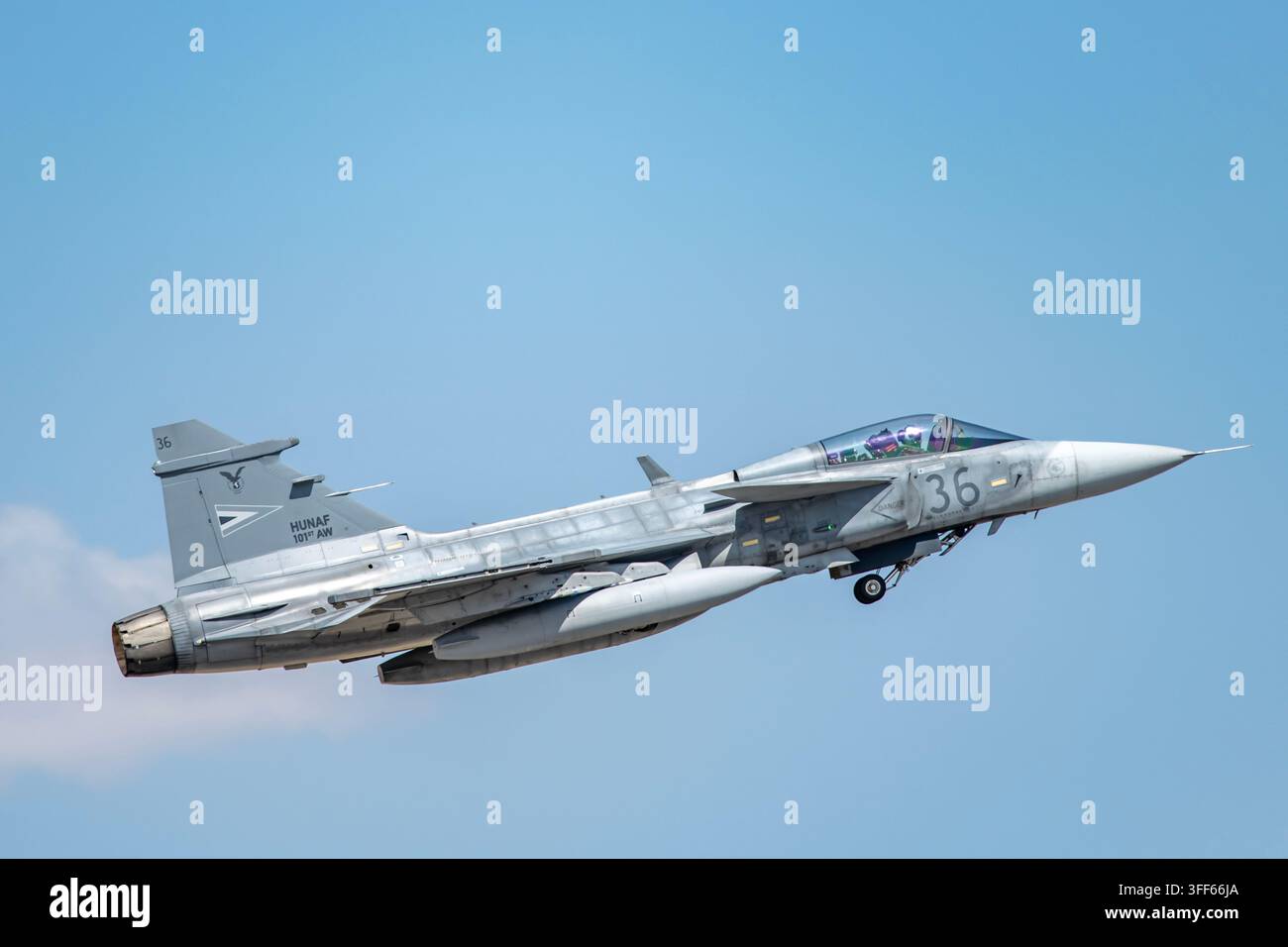 Aereo da combattimento Saab JAS 39D Gripen dell'Aeronautica Militare Ungherese in decollo sotto un cielo blu terso, foto di aviazione militare Foto Stock
