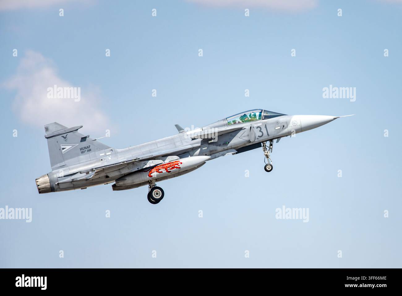 Aereo da combattimento Saab JAS 39D Gripen dell'Aeronautica Militare Ungherese in decollo sotto un cielo blu terso, foto di aviazione militare Foto Stock