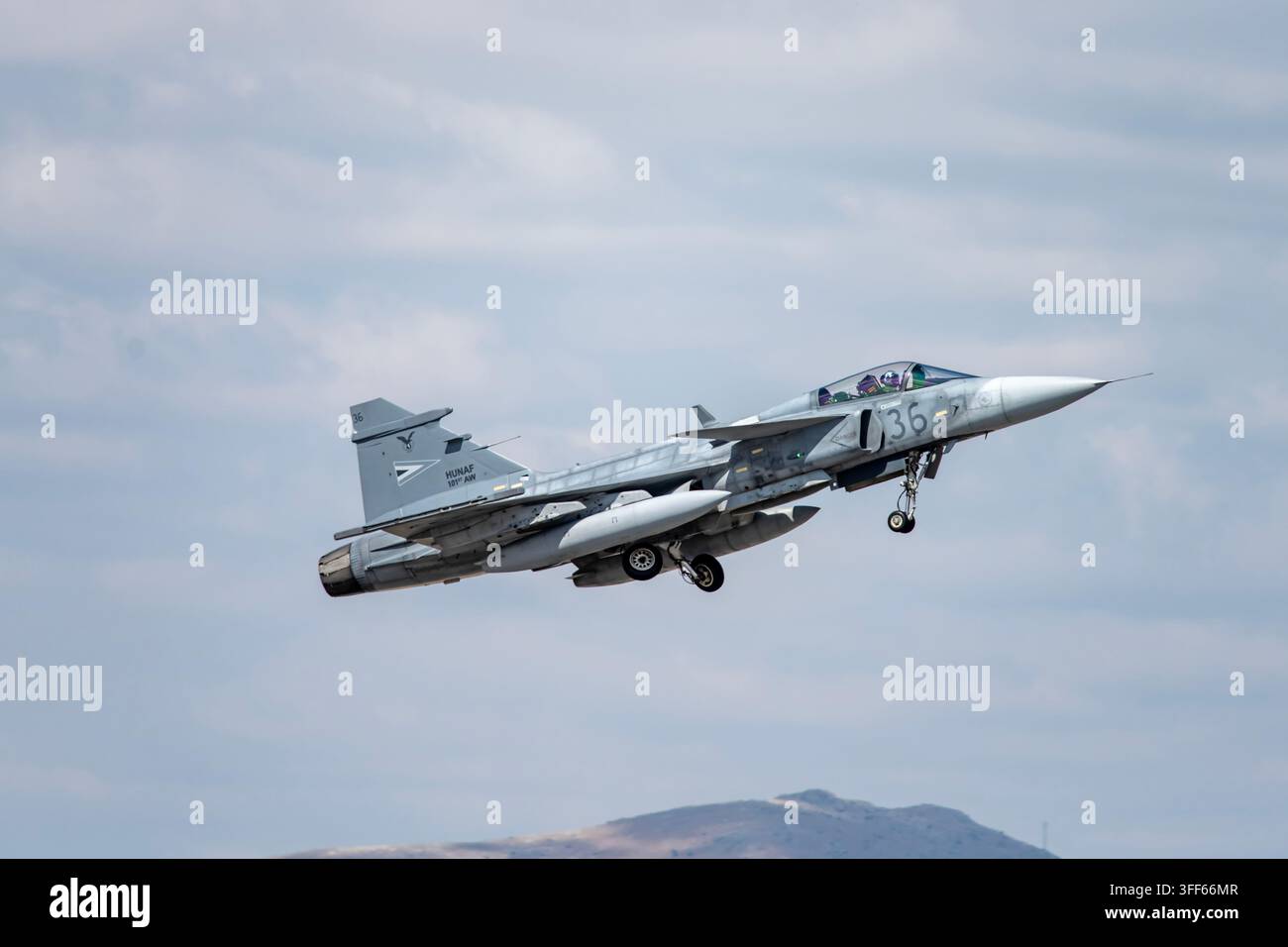 Aereo da combattimento Saab JAS 39D Gripen dell'Aeronautica Militare Ungherese in decollo sotto un cielo blu terso, foto di aviazione militare Foto Stock