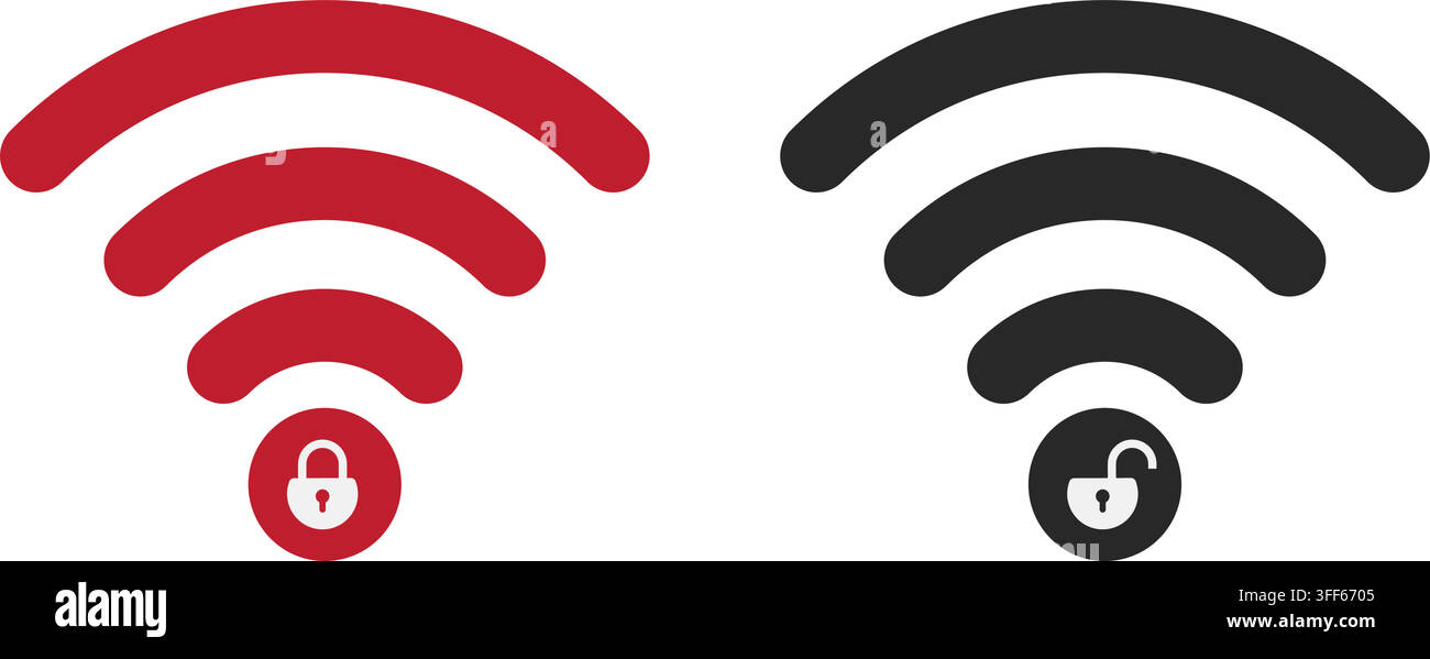 Set di icone di segnale Wi-Fi che mostrano simboli di serratura bloccati e sbloccati per rappresentare connessioni wireless sicure e aperte Illustrazione Vettoriale