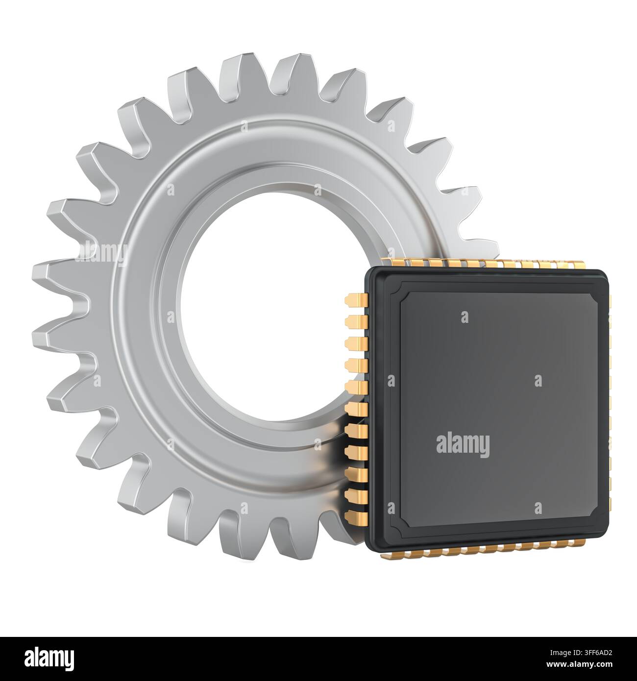 Attrezzatura e microchip per l'automazione industriale, sistemi integrati e tecnologia hardware. Rendering 3D isolato su sfondo bianco Foto Stock