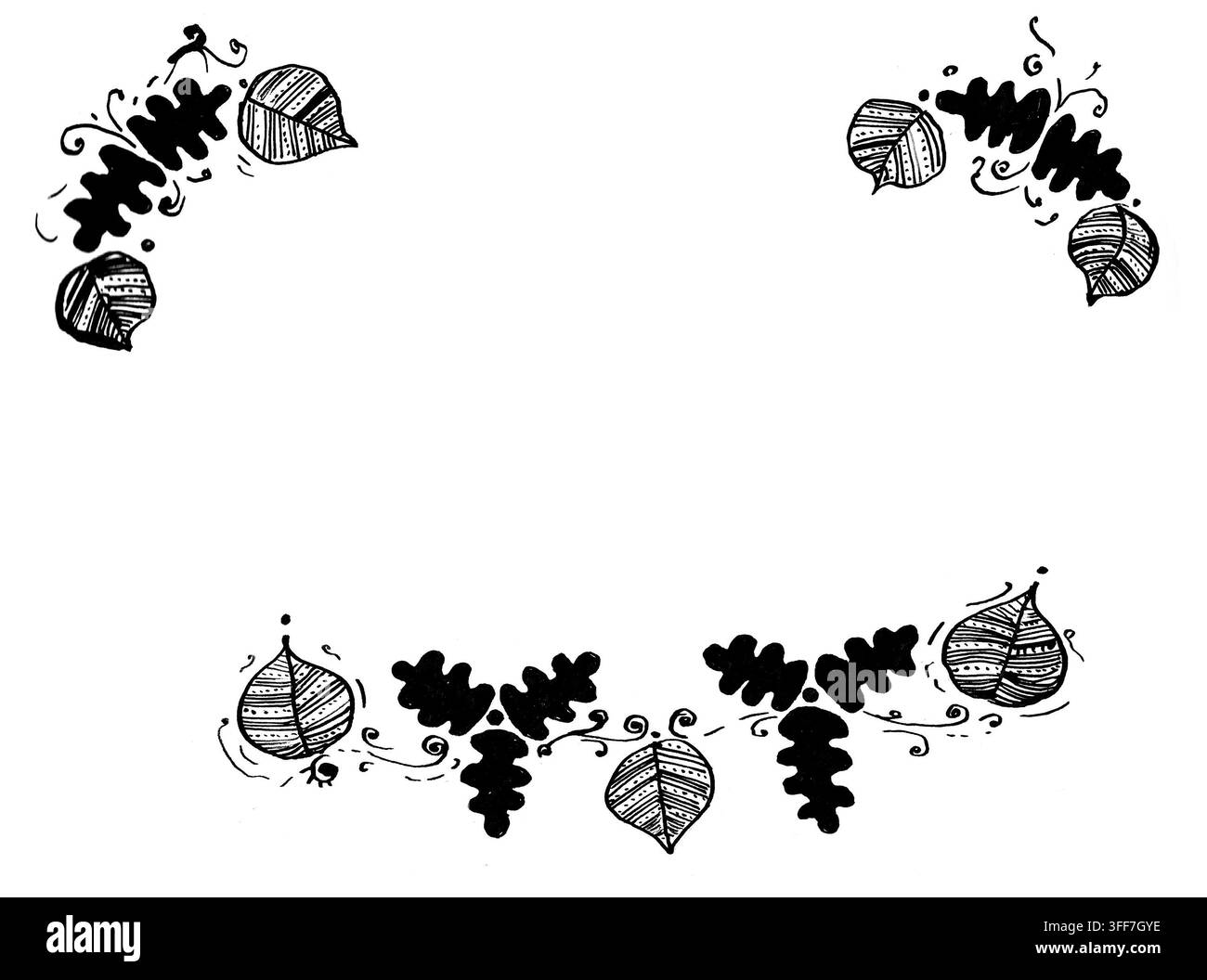 Un bordo decorativo in bianco e nero presenta disegni di foglie e spirali. Questo bordo può essere utilizzato per inviti, biglietti di auguri o opere d'arte. Il design aggiunge semplicità e stile a qualsiasi progetto. Foto Stock