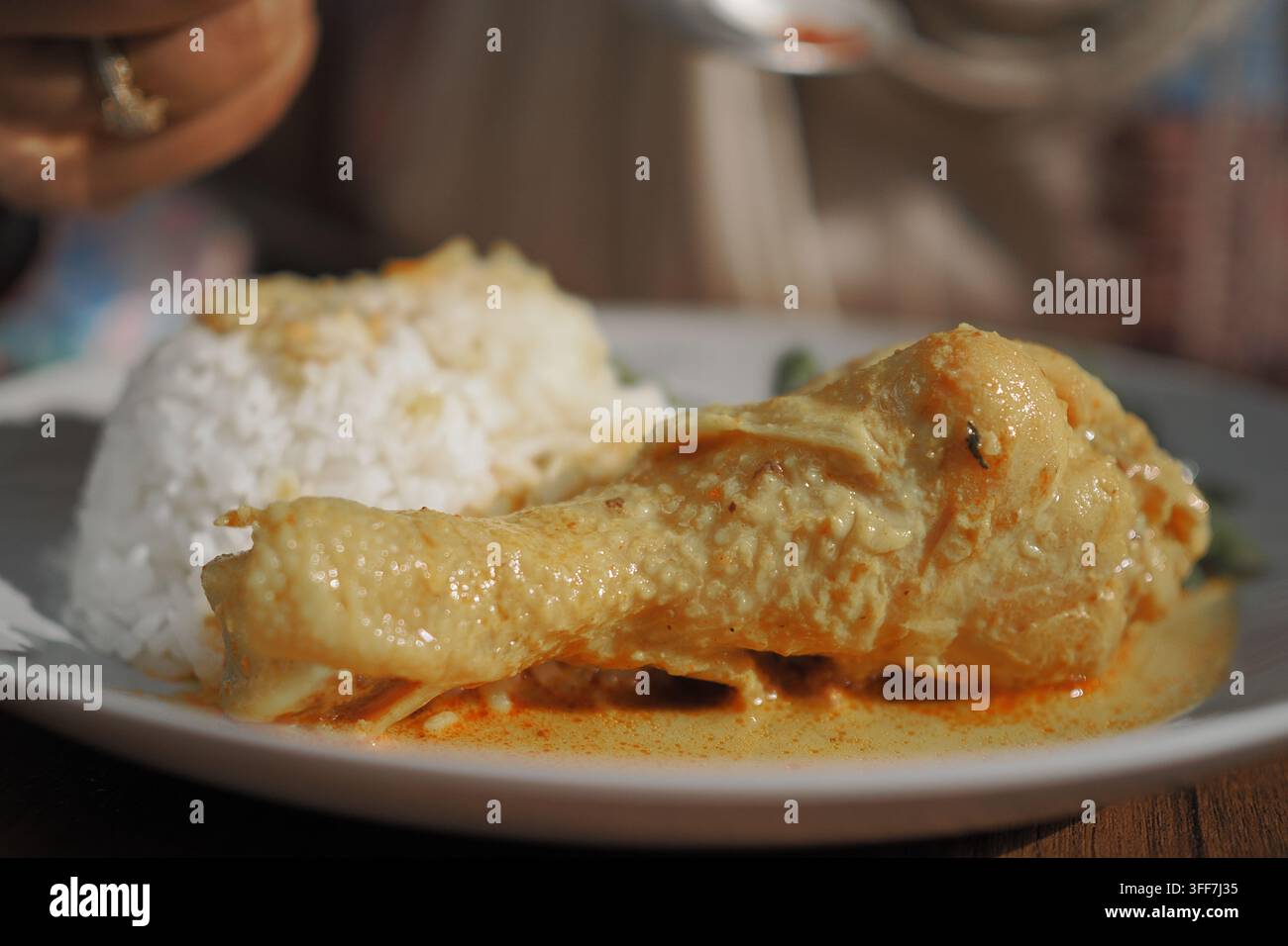 Delizioso piatto di pollo servito con riso su un piatto Foto Stock