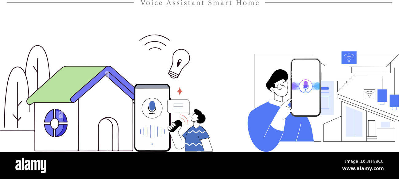 Set di illustrazioni vettoriali di banner per assistente vocale domestico intelligente con automazione domestica, IoT, controllo tramite smartphone, comandi vocali e dispositivi senza fili. Illustrazione Vettoriale
