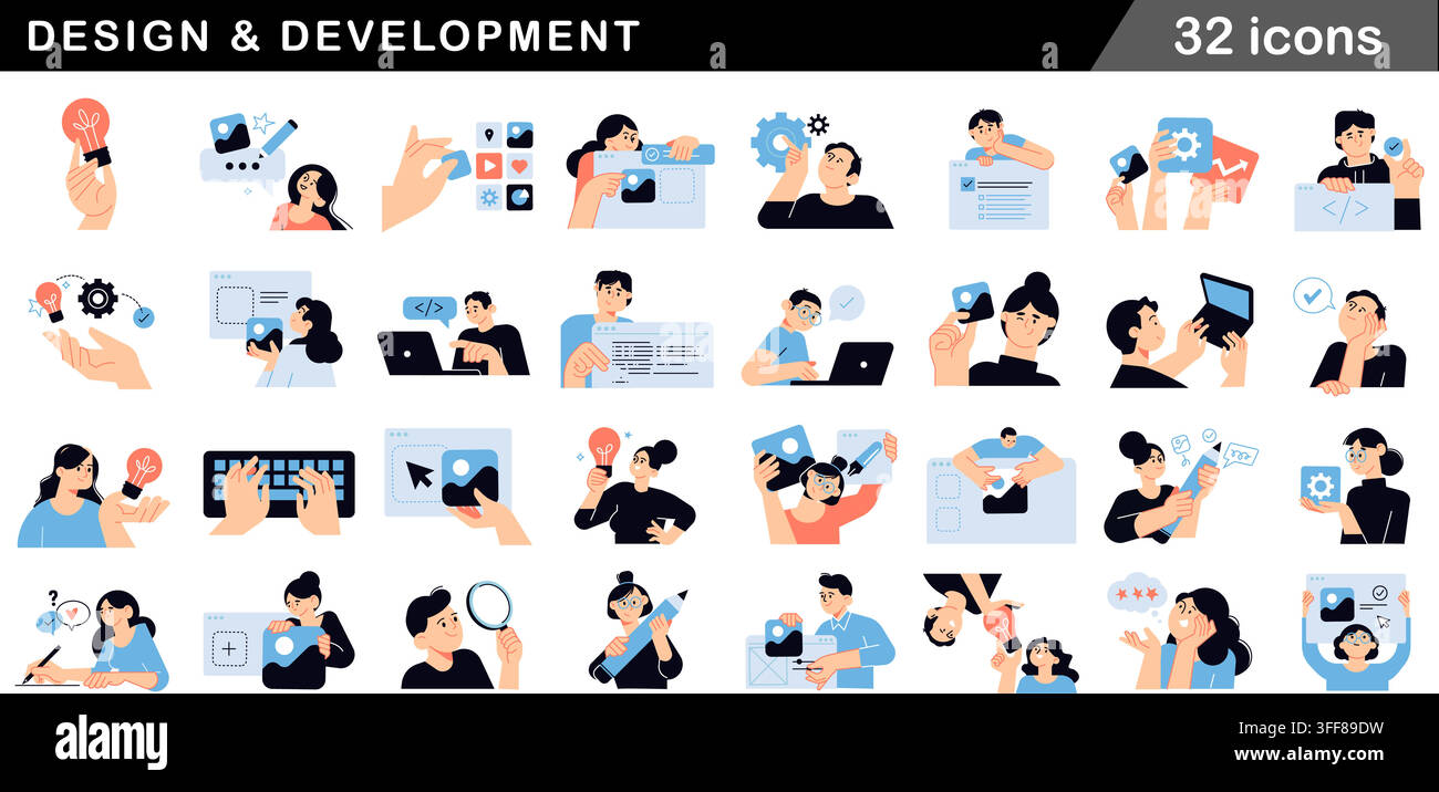 Set di icone vettoriali di progettazione e sviluppo con 32 simboli di processo creativo, generazione di idee, codifica, design web, UI UX e collaborazione di squadra. Illustrazione Vettoriale