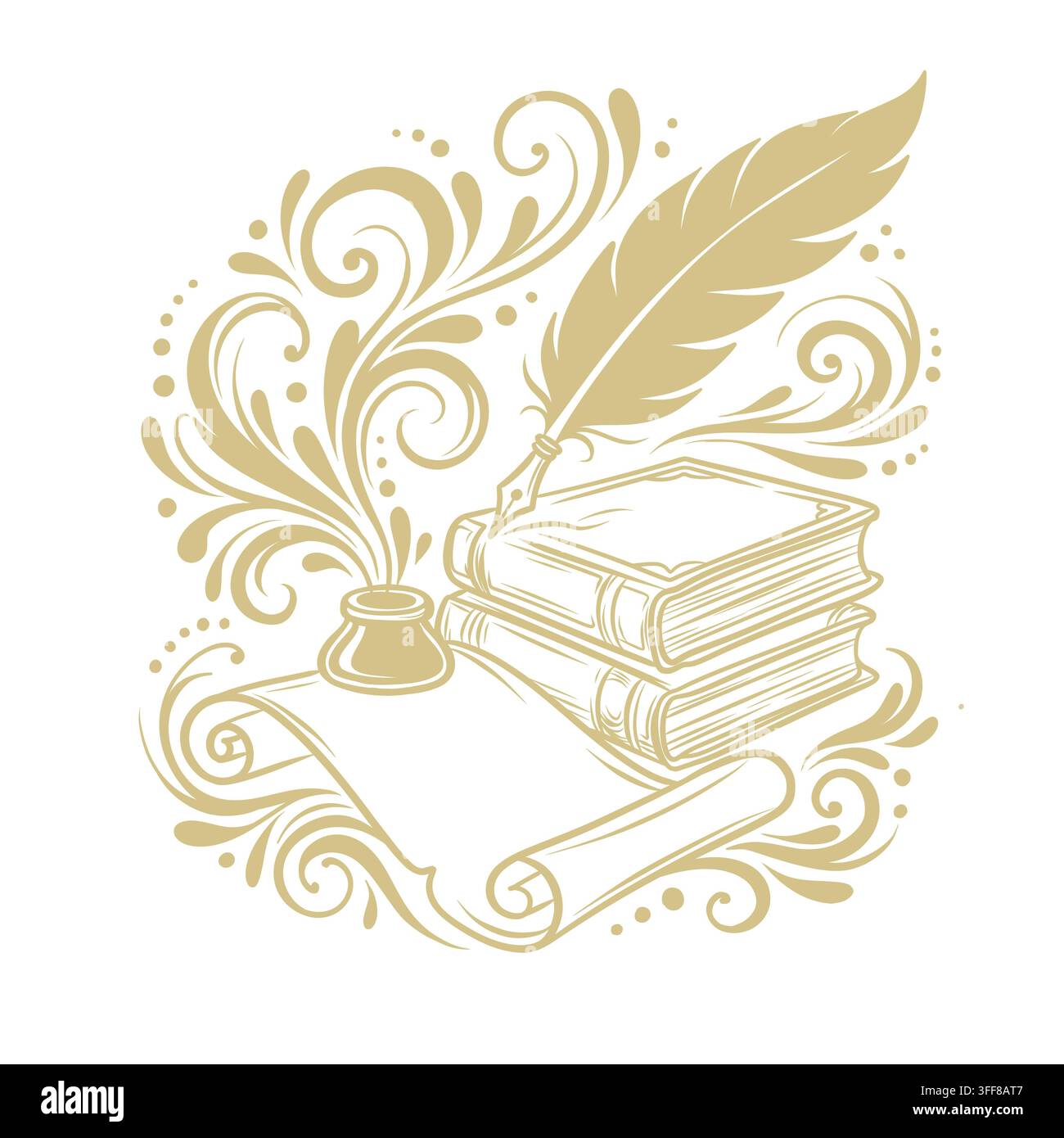 Penna d'oca vintage, calamaio e pila di vecchi libri con eleganti fronzoli floreali, illustrazione in arte lineare Foto Stock