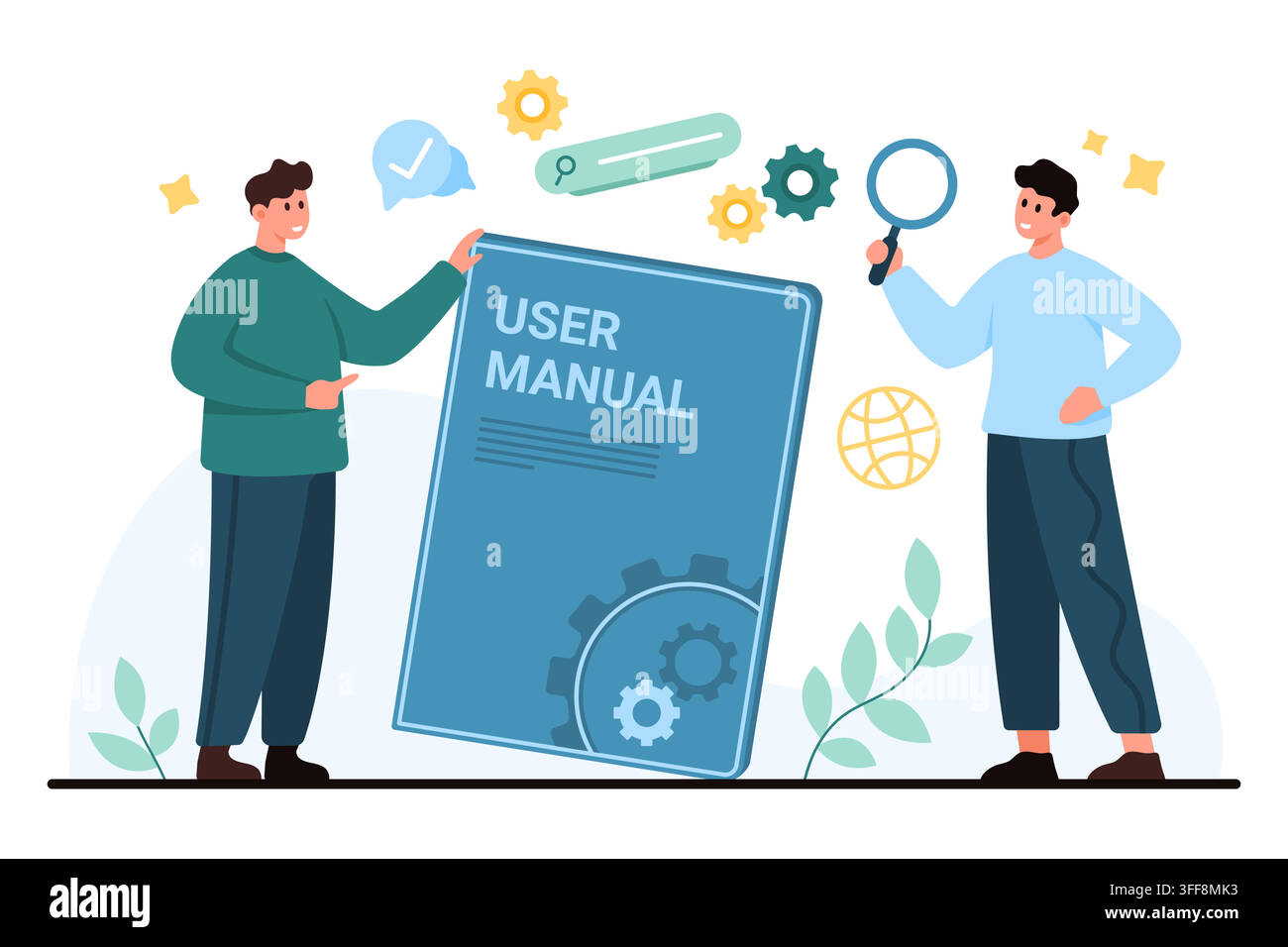 Persone che esaminano un manuale utente con icone di ricerca, impostazioni e supporto per aiuto, onboarding, documentazione e contenuto di istruzioni isolato su sfondo bianco, illustrazione vettoriale Illustrazione Vettoriale