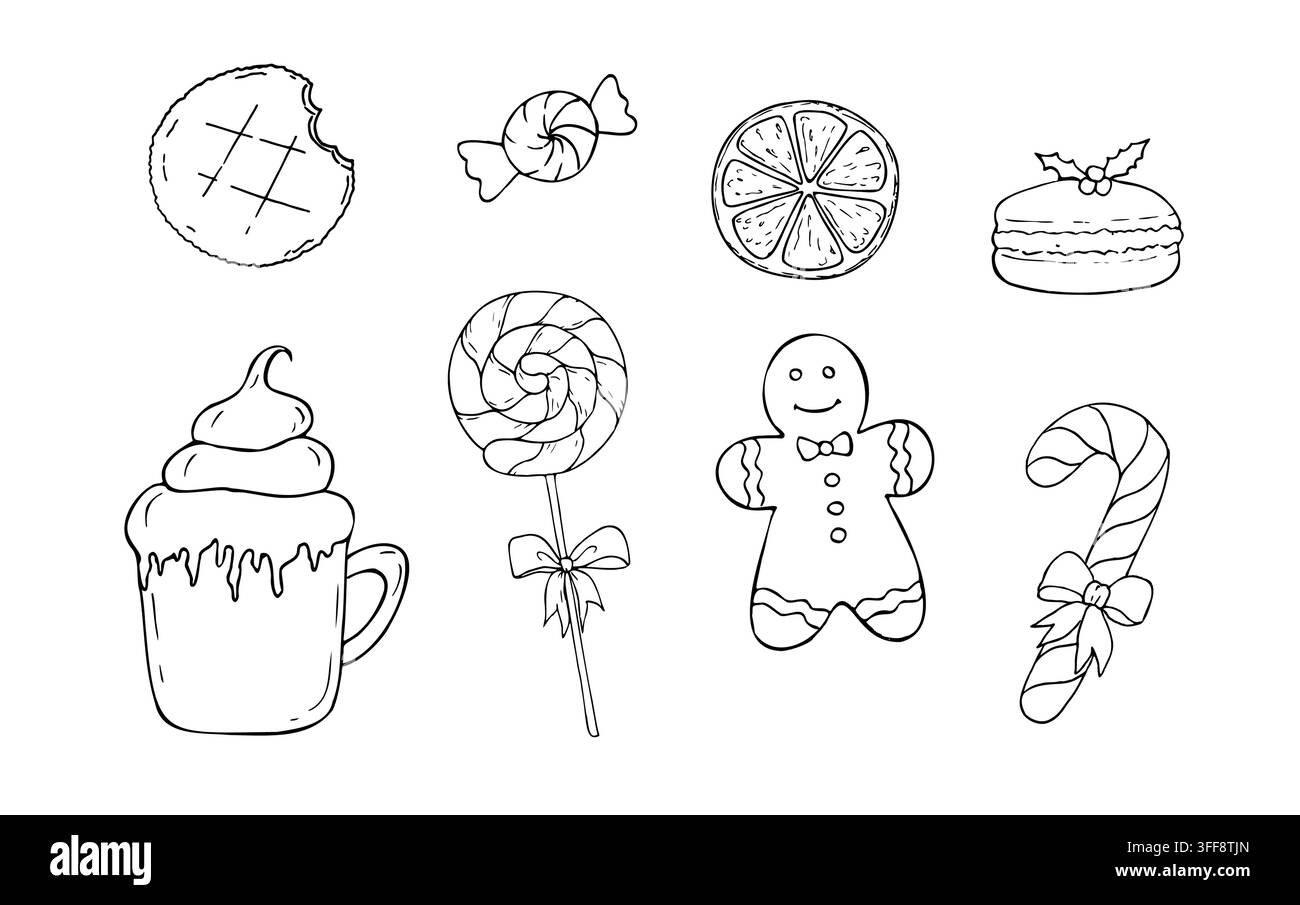 Set di dolci natalizi vettoriali con dessert festivi disegnati a mano. Collezione di caramelle in arte grafica minimalista per celebrazioni del Capodanno isolata su bianco Illustrazione Vettoriale