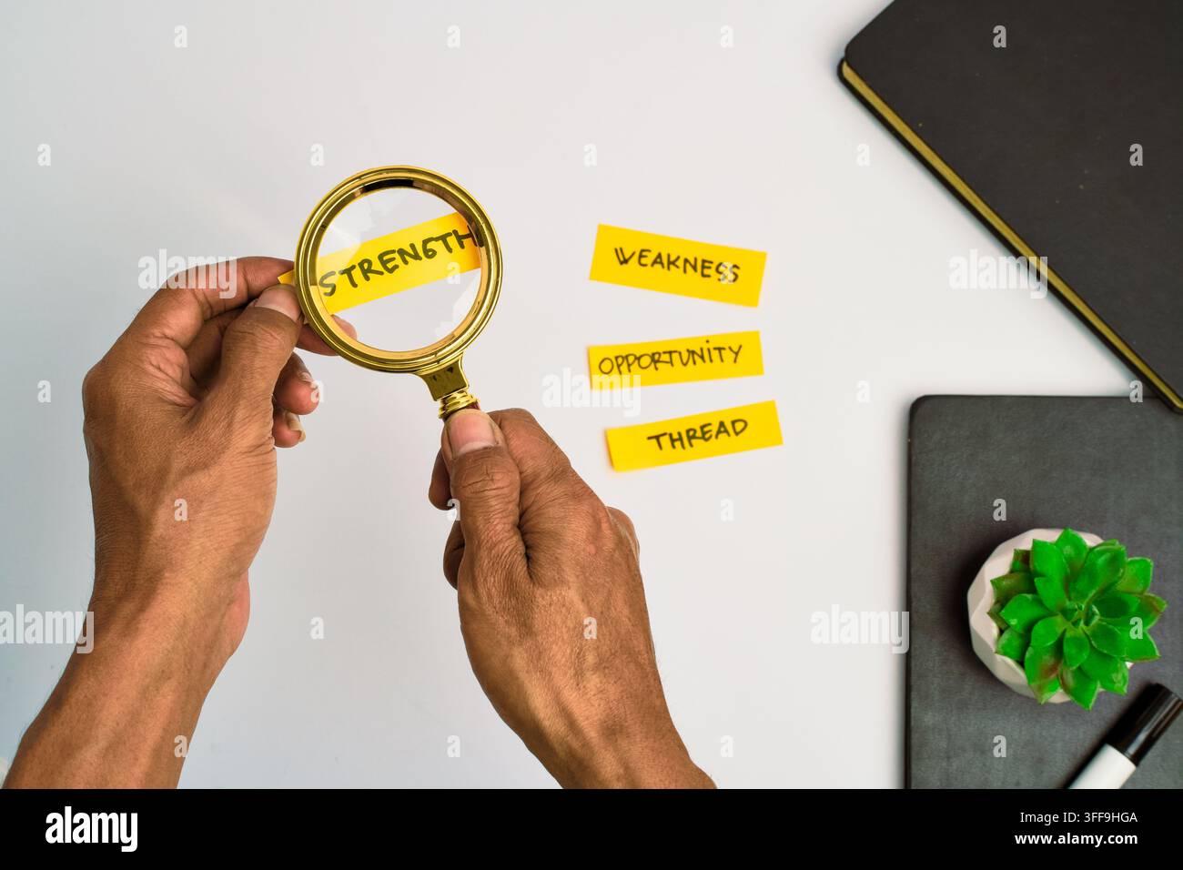 Mani che esaminano post-it di analisi SWOT con una lente d'ingrandimento su una scrivania bianca dell'ufficio. Foto Stock
