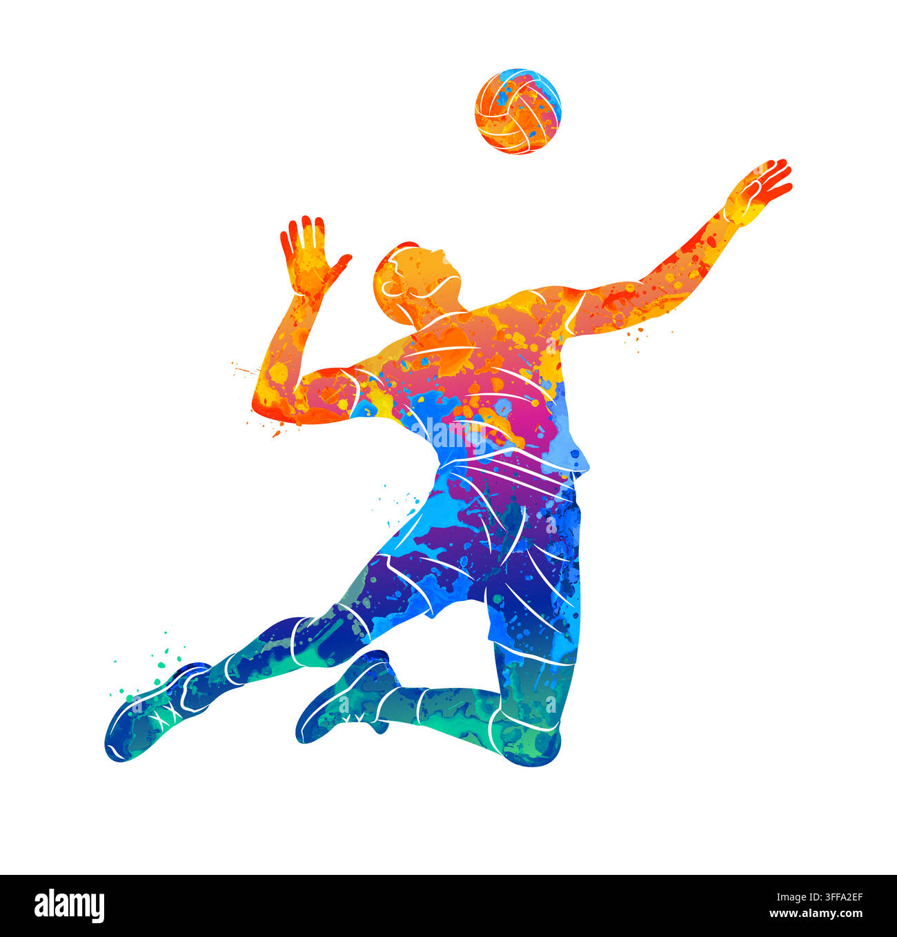 Astratto di un giocatore di pallavolo in un salto dinamico durante una partita da uno schizzo di acquerelli Illustrazione Vettoriale