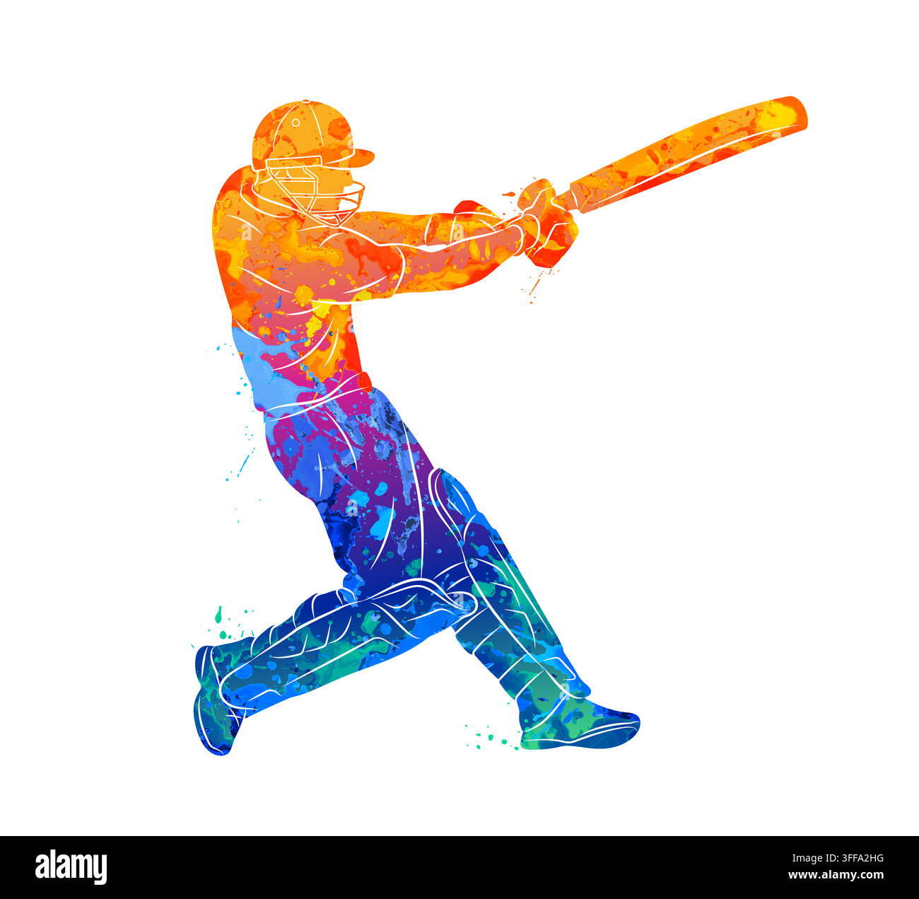 Un battitore che gioca a cricket. Astratto di un giocatore di cricket che colpisce una palla con una mazza da uno schizzo di acquerelli Illustrazione Vettoriale