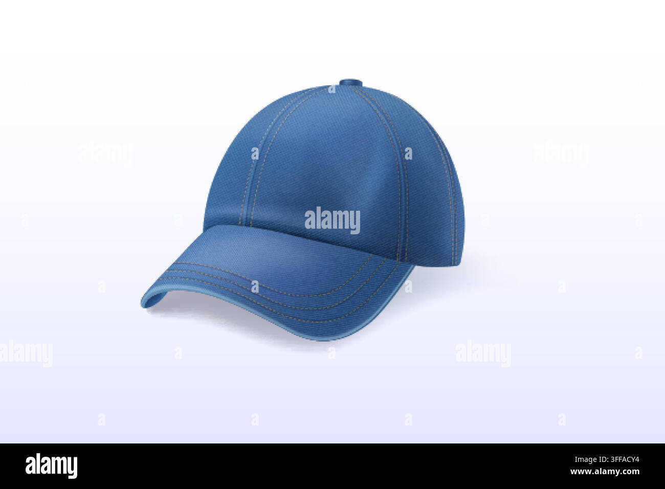 Berretto di jeans. Modelli realistici di cappellini da baseball, modello di mockup cappello di jeans blu uniforme moda copricapo estate casual copricapo stoffa visiera protezione solare, illustrazione vettoriale 3D isolata esatta opera originale Illustrazione Vettoriale