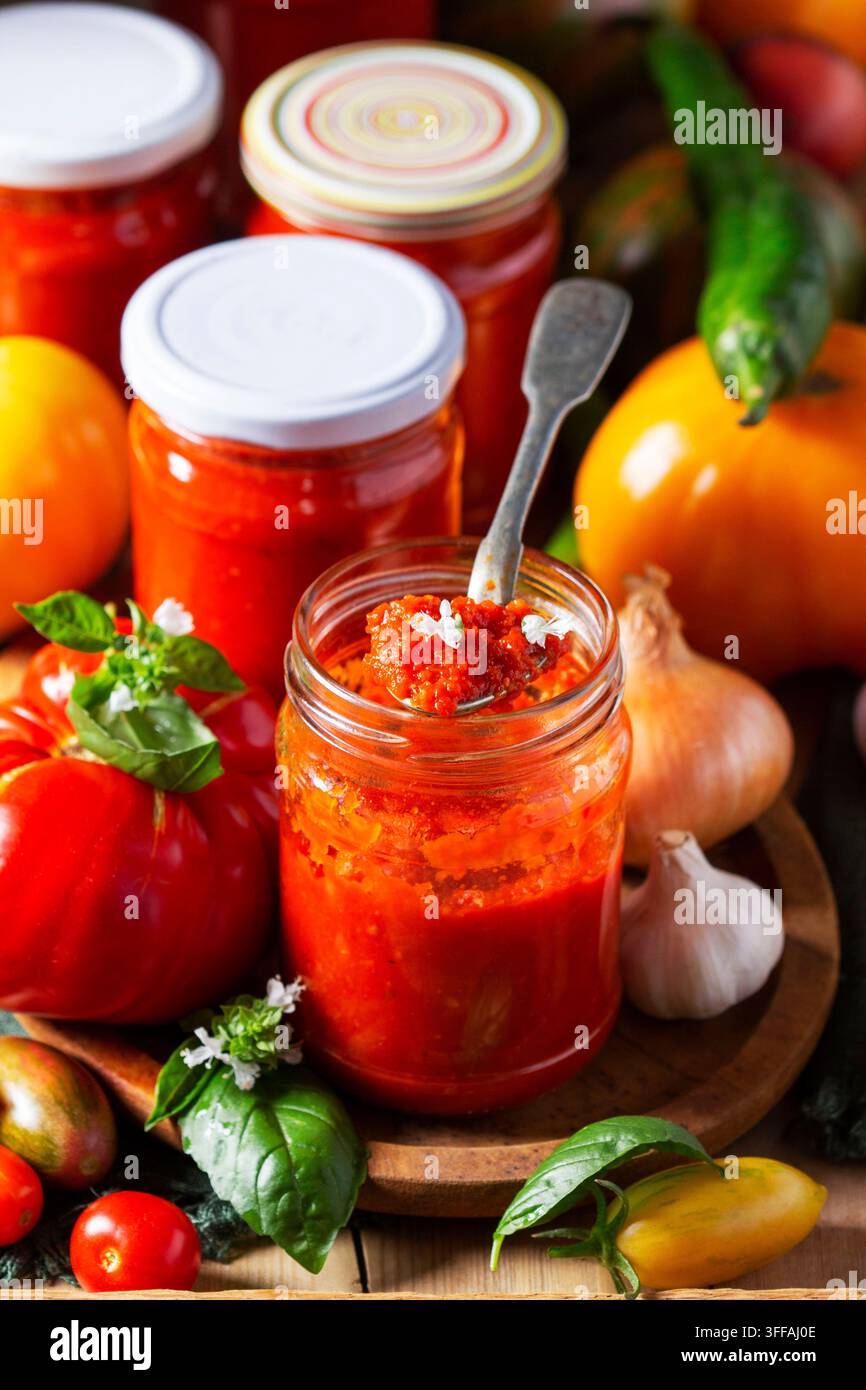 Salsa di pomodoro calda, adjika, salsa, passata o marinara. Salsa di verdure in scatola per servire con carne o cucinare altri piatti. Messa a fuoco selettiva. Foto Stock