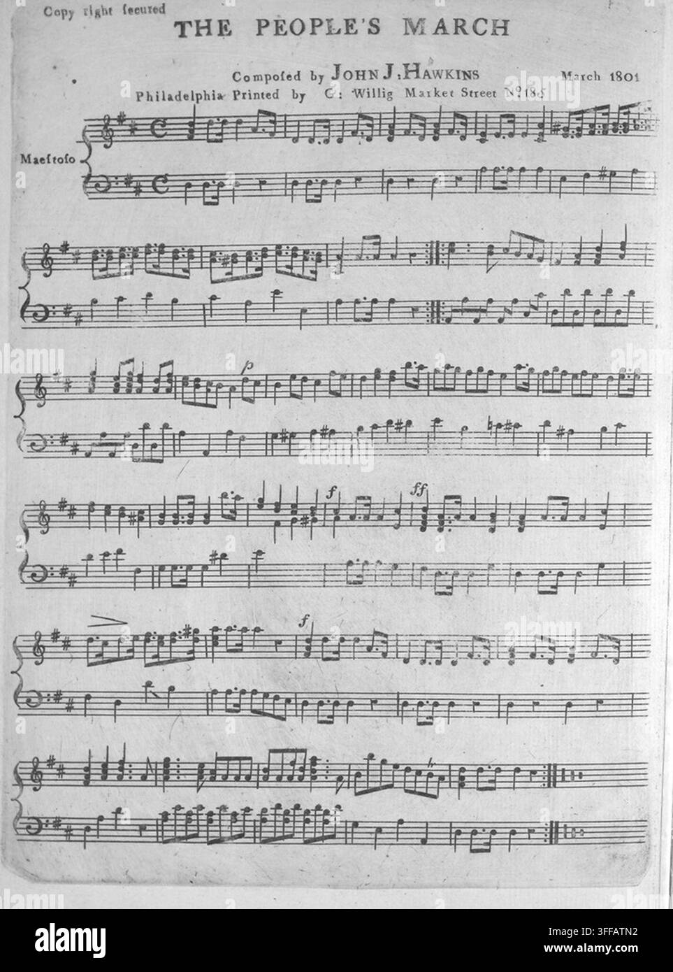 Partitura per un pezzo intitolato "The People's March", composto da John J. Hawkins e stampato a Filadelfia intorno al 1801. Foto Stock