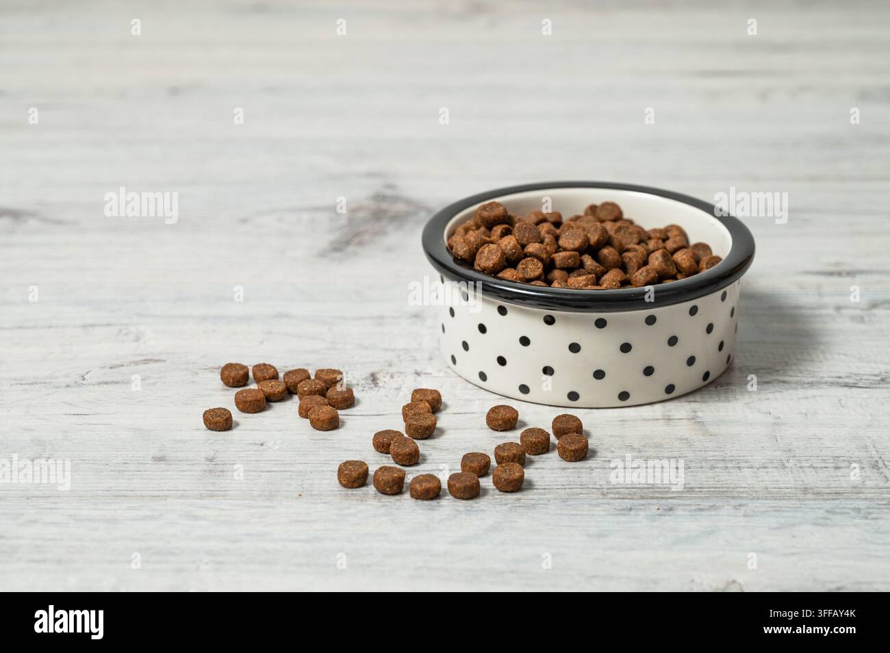 Una ciotola di cibo secco per cani o gatti su un pavimento di legno grigio. Concetto di cura e nutrizione degli animali domestici per una pubblicità o un banner di un negozio per animali. Vista frontale, spazio per il testo. Foto Stock