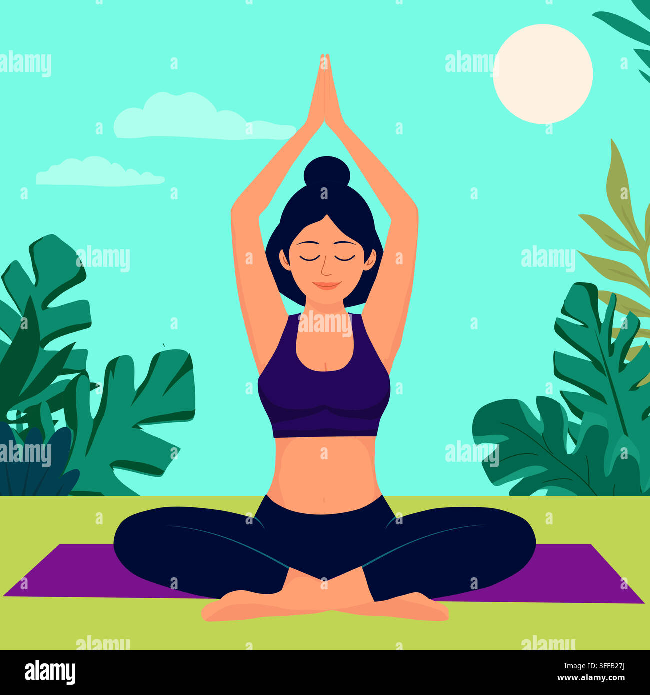 Donna in posizione del loto con gli occhi chiusi e sorridente circondata da foglie tropicali. Le mani sono sollevate. Illustrazione vettoriale. Disegno piatto per materiali abou Illustrazione Vettoriale
