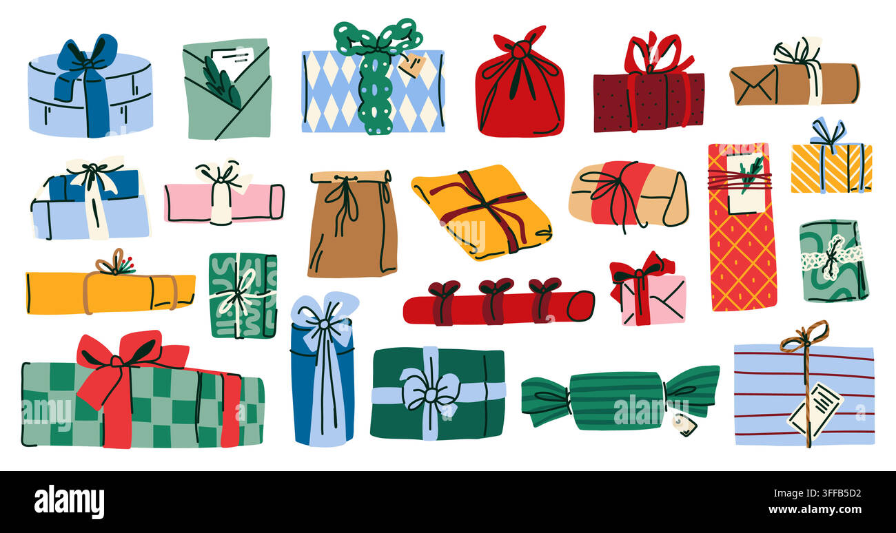 Collezione di regali e doni festivi con scatole colorate incartate, borse, nastri, fiocchi e imballaggi decorativi per feste di vacanza, biglietti di auguri Illustrazione Vettoriale