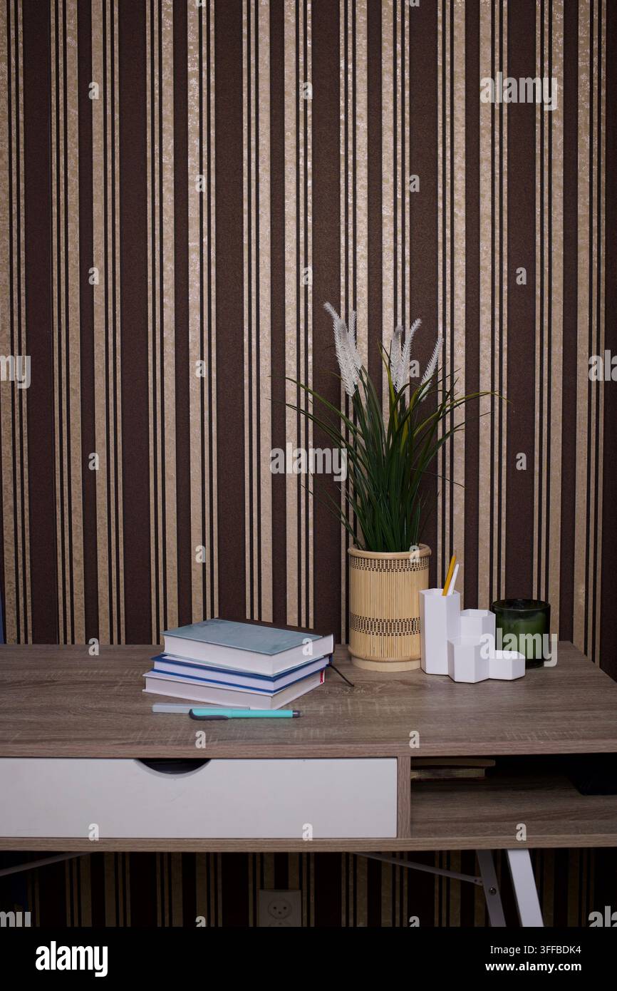 Libri rilegati impilati con penna e accessori da scrivania accanto a un alto vaso di vimini con piume decorative di erba su sfondo a righe Foto Stock