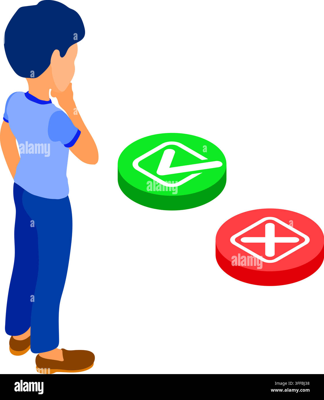 Istruzione online o esame a distanza con personaggio isometrico che fa una scelta. Pulsante verde con segno di spunta o pulsante rosso con croce isometrico Illustrazione Vettoriale