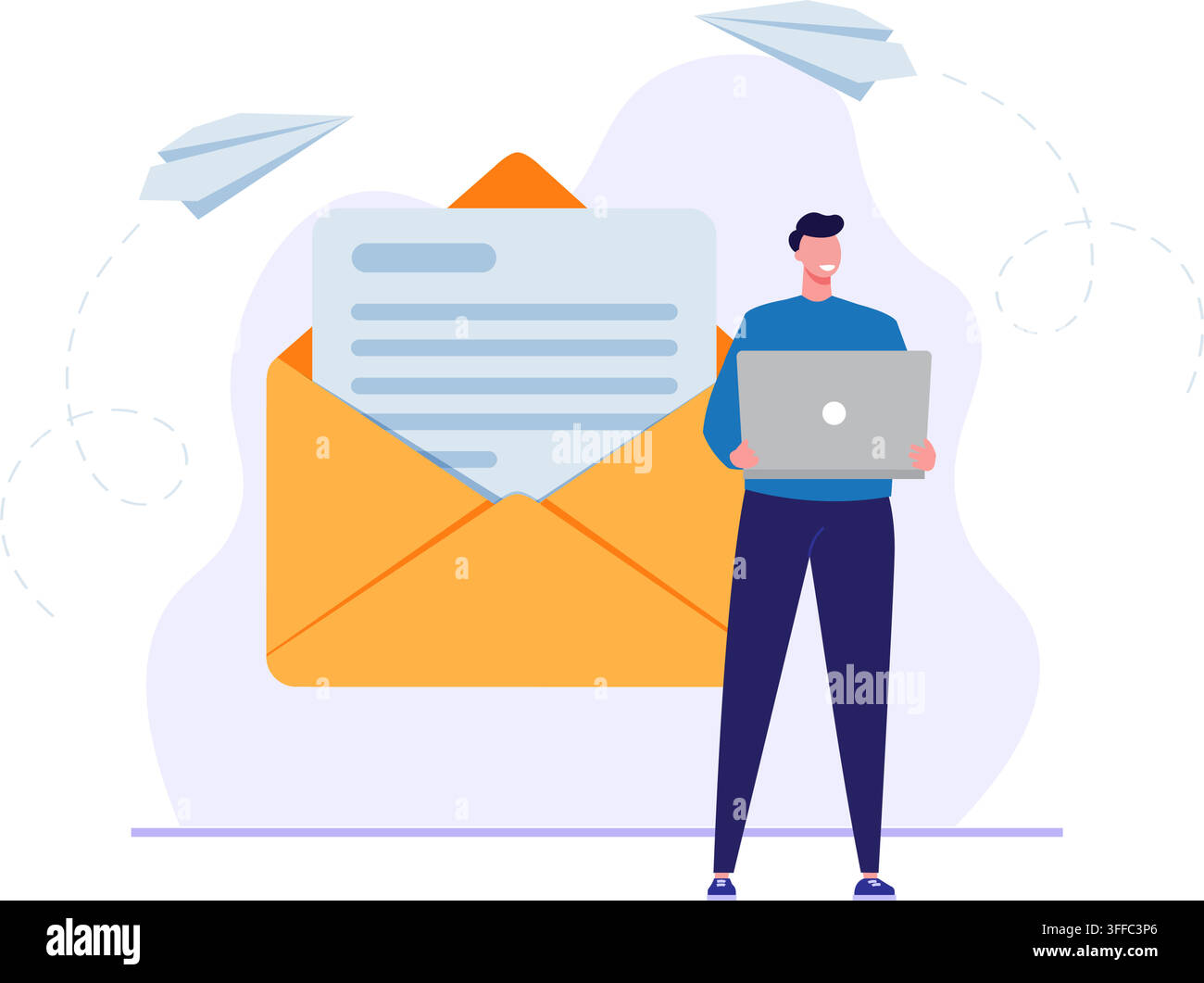 E-mail e corrispondenza su Internet. Uomo che invia lettere o messaggi, illustrazione stock. Illustrazione Vettoriale