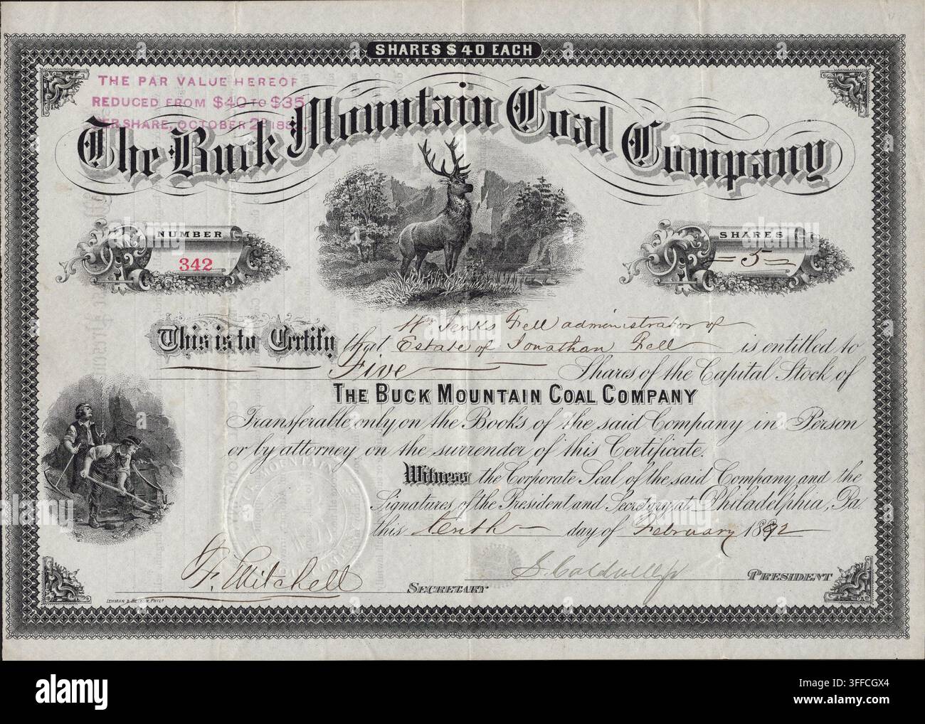 1892 Certificato azionario della Buck Mountain Coal Company – Pennsylvania, USA Foto Stock