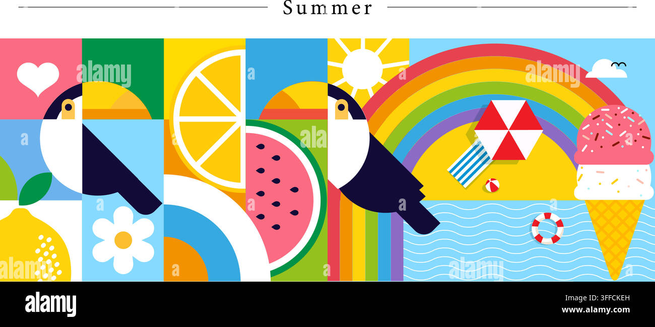 Disegno vettoriale per banner estivo con tucani geometrici, limone citrus, fetta di anguria, arcobaleno, ombrellone da spiaggia, cono di gelato e onde oceaniche. Illustrazione Vettoriale