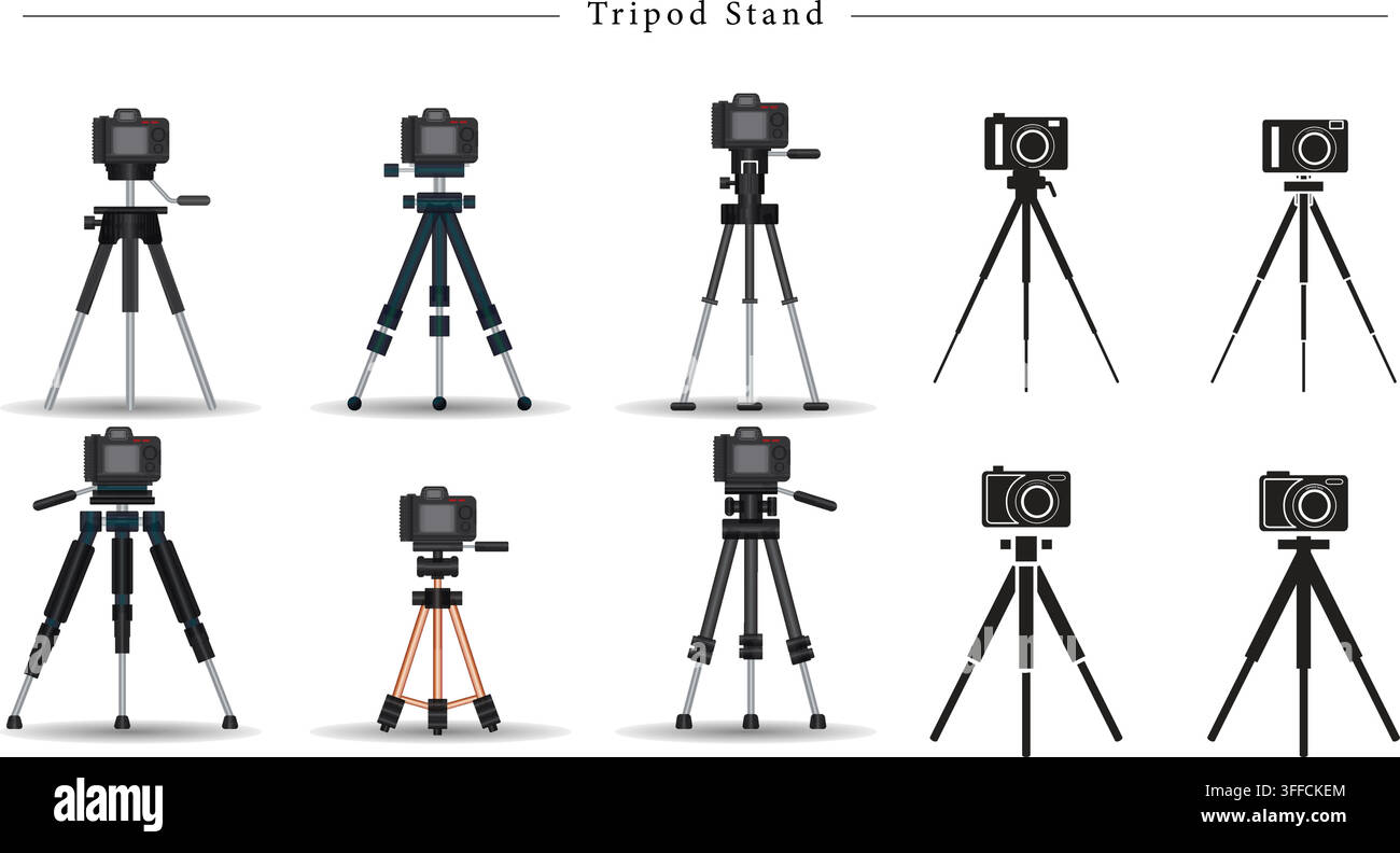 Set vettoriale di supporti per treppiedi per fotocamera con supporti DSLR realistici e piatti, attrezzatura fotografica, mini treppiedi da tavolo e silhouette nere. Illustrazione Vettoriale