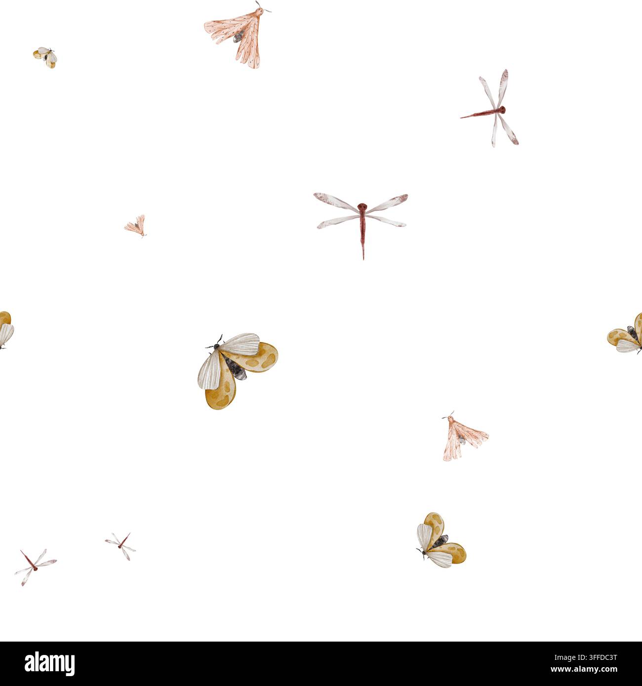 Modello ripetitivo senza cuciture di falene e libellule in ocra morbido, rosa polveroso e marrone ruggine su sfondo bianco. Degli insetti delicati fluttuano con il Foto Stock