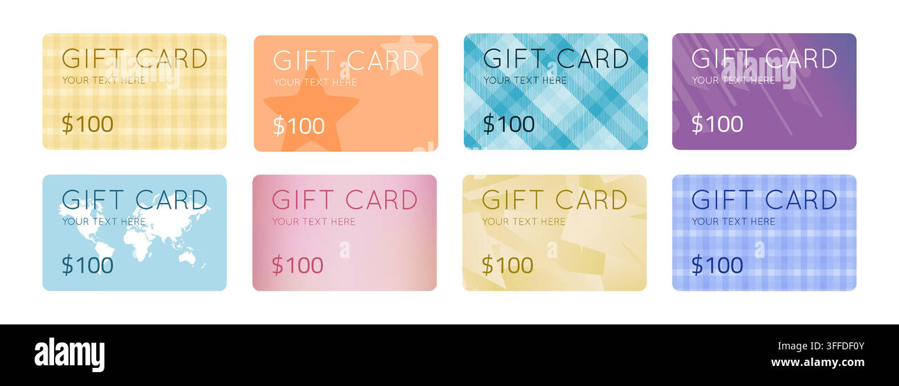 Set di modelli di carte regalo. Disegni di carte regalo con valore memorizzato per il tuo brand. Illustrazione vettoriale. Illustrazione Vettoriale