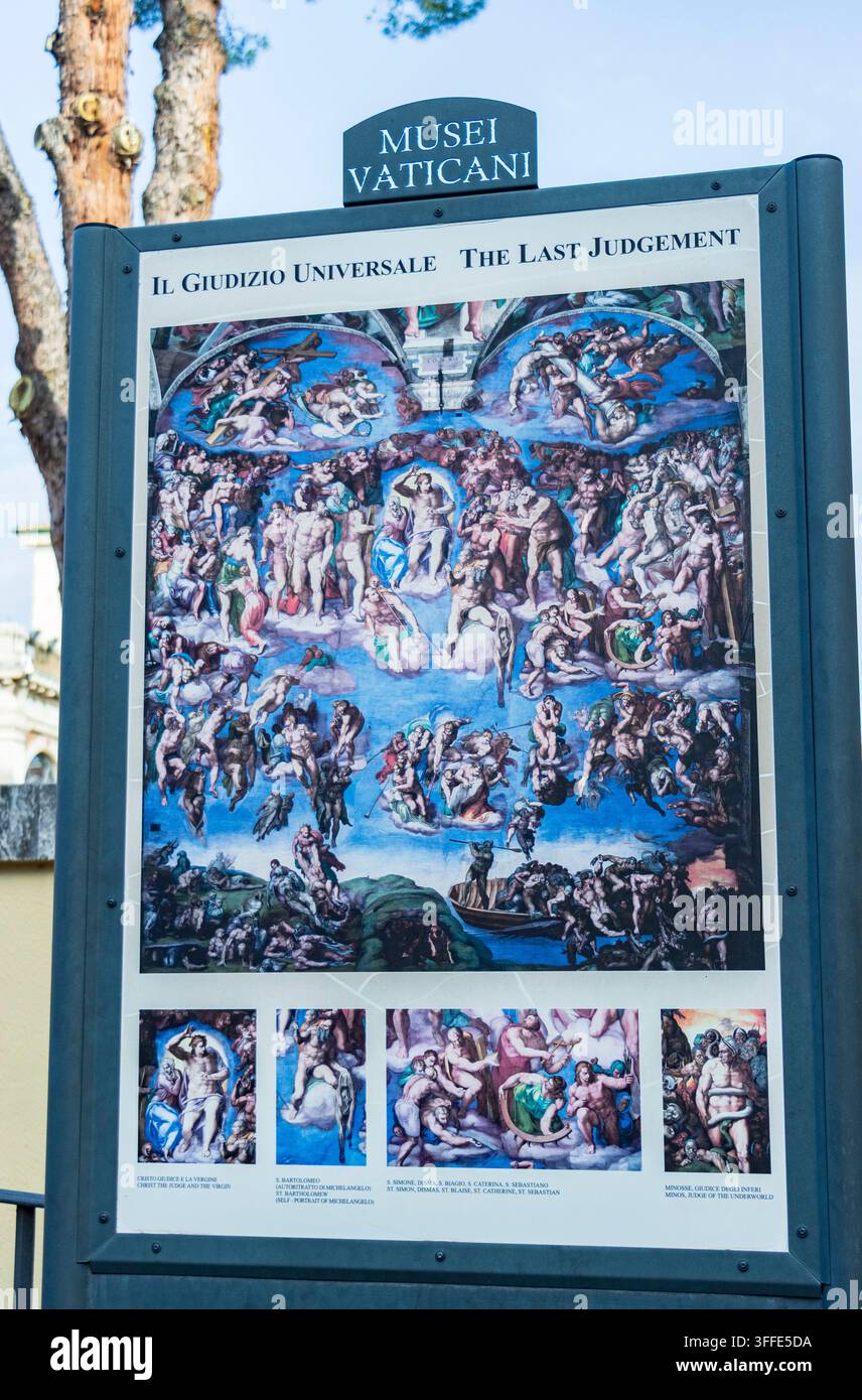 Segnale informativo del Giudizio Universale di Michelangelo nei Musei Vaticani, Roma, Italia. Foto Stock