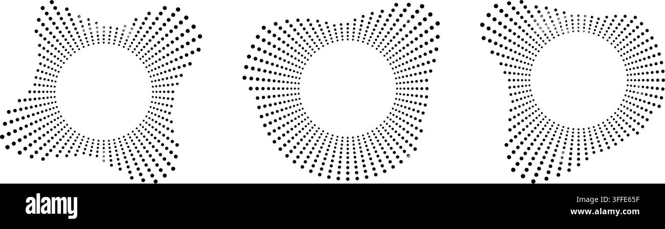 Le onde sonore si irradiano in un modello circolare con raggi puntiformi. Anelli concentrici astratti creano un effetto dinamico di esplosione per sfondi di design di musica e audio. Illustrazione Vettoriale