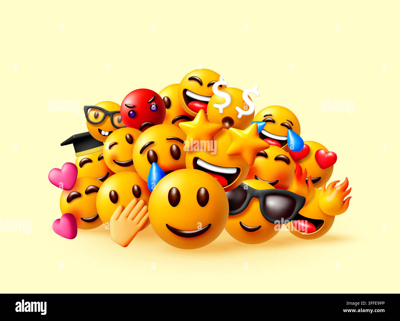 Gruppo 3D di facce emoji con emozioni diverse Illustrazione Vettoriale