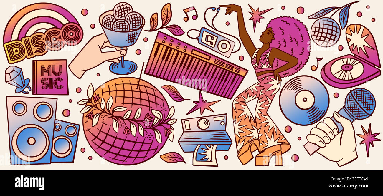 Set di icone di scarabocchi per feste discotecarie per il design di poster musicali retrò. Illustrazione vettoriale in stile cartone animato di un personaggio di ragazza danzante, una palla da specchio, un lettore CD, un pianoforte elettrico e un microfono in mano, adesivi retrò Illustrazione Vettoriale