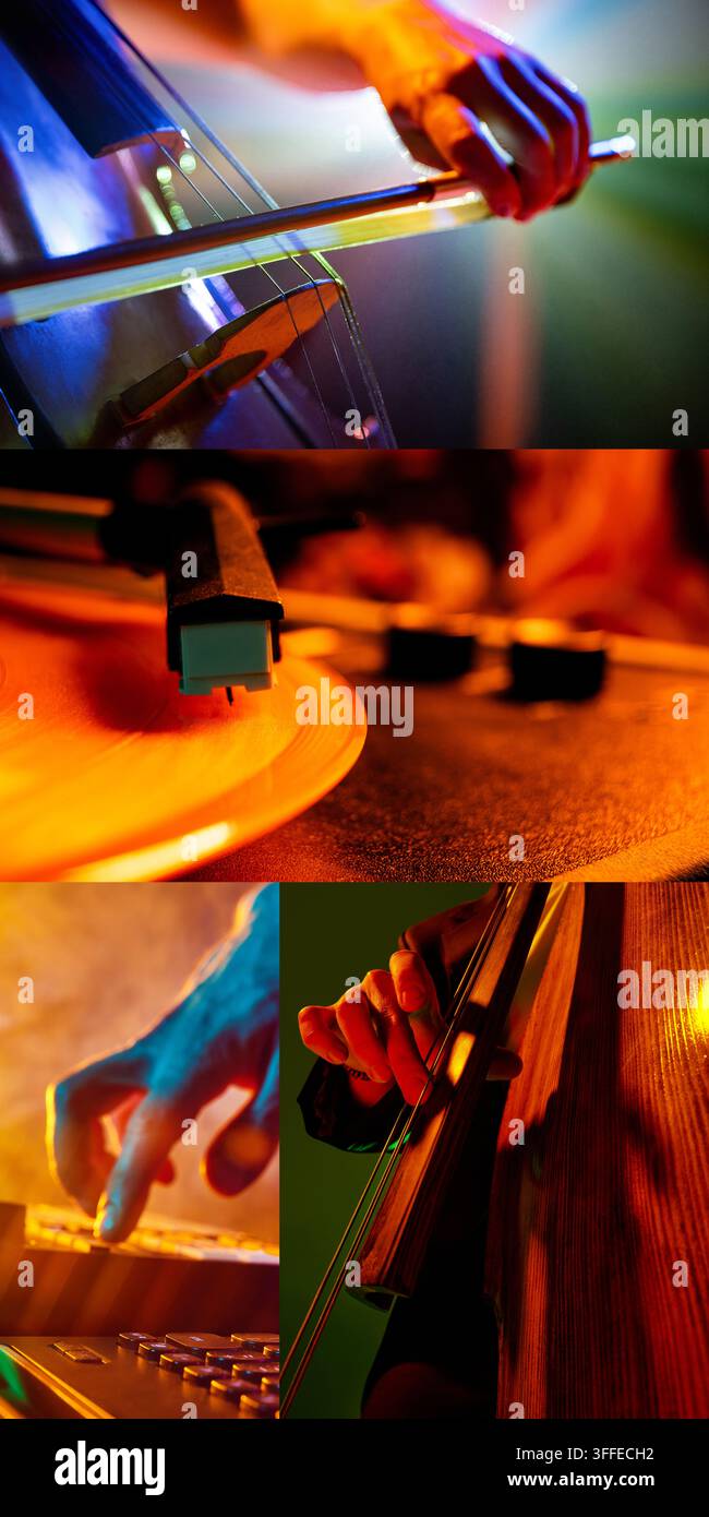 Collage in primo piano di mani che suonano strumenti nella calda luce del palco Foto Stock