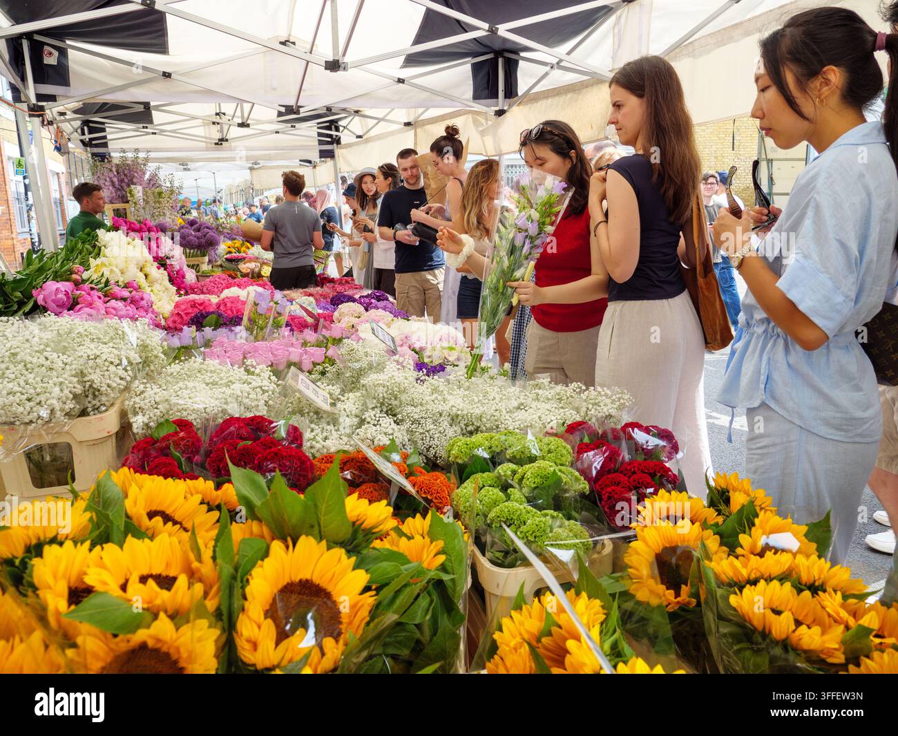 Persone che fanno acquisti a uno stand del mercato di Columbia Road Flower Market, Londra, Regno Unito Foto Stock