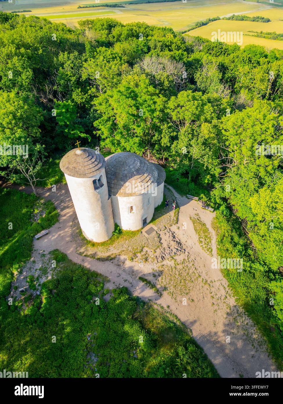 Vista aerea della storica Rotonda di San Giorgio in cima al Monte Rip, circondata da una lussureggiante foresta verde e sentieri escursionistici a Mnetes, Usti nad Labem Regi Foto Stock