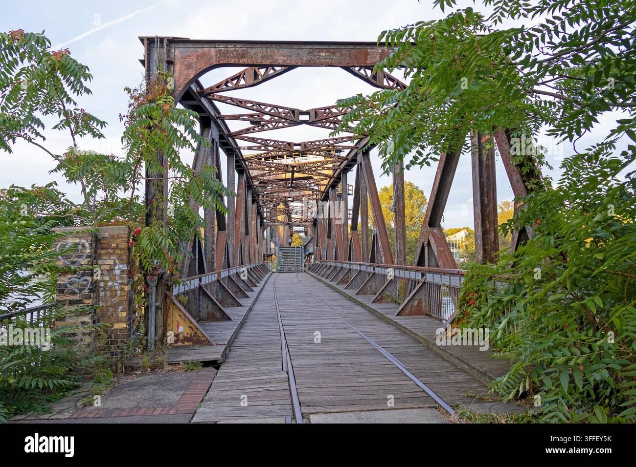 Ponte sollevabile verticale, passerella pedonale, ex ponte ferroviario, Magdeburgo, Sassonia-Anhalt, Germania Foto Stock