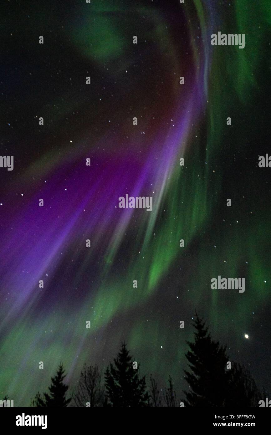 Spettacolare aurora boreale che illumina il cielo notturno sopra il paesaggio islandese. Vita in camper. Foto Stock
