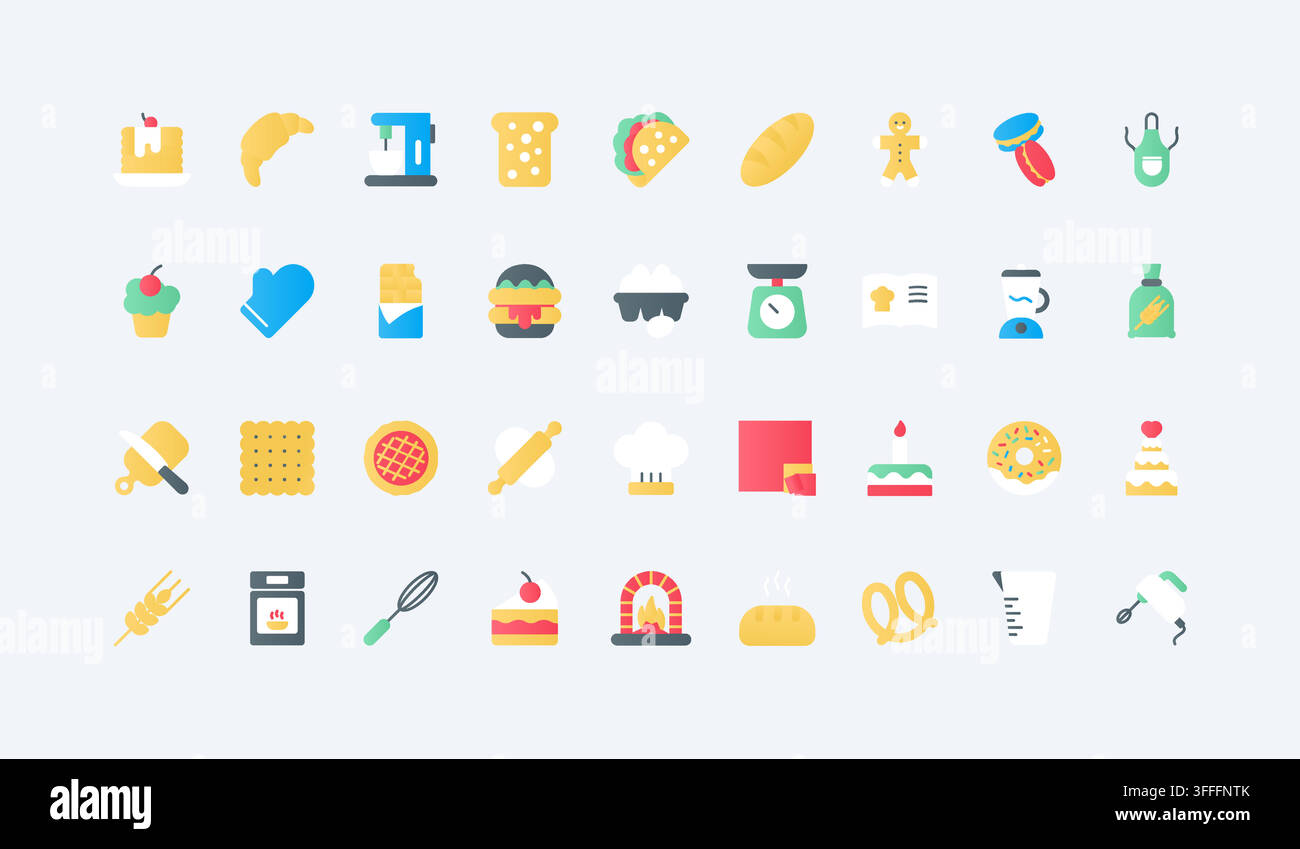 Simboli di panetteria e pasticceria con pane, torte, biscotti, strumenti per impastare e dolcetti per menu di panetterie, app di ricette e branding di pasticcerie, set di icone piatte illustrazione vettoriale Illustrazione Vettoriale